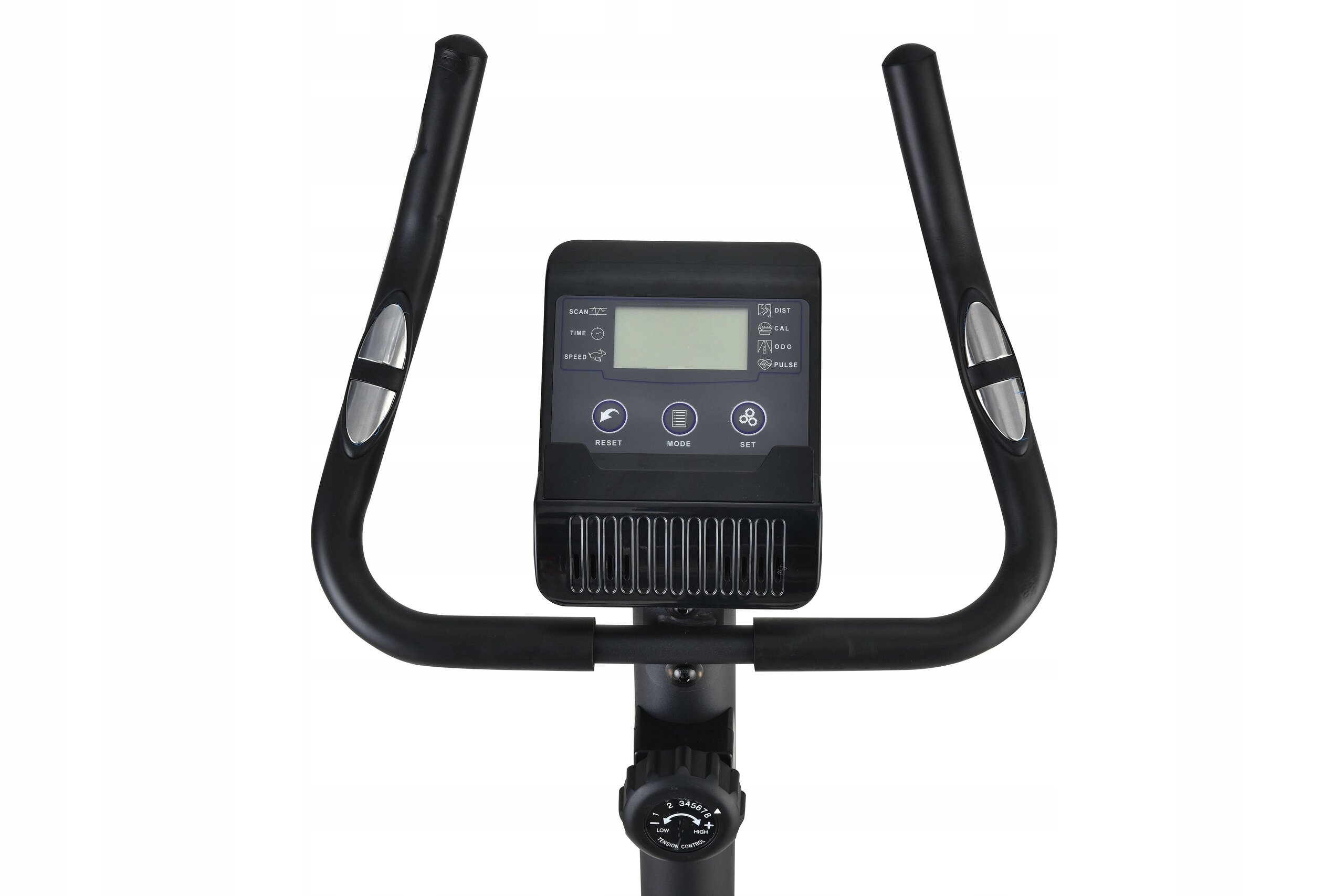 Kierownica rowerka treningowego z wbudowanym panelem sterowania i wyświetlaczem LCD. Na panelu widoczne są przyciski z oznaczeniami: \'RESET\', \'MODE\', \'SET\'.