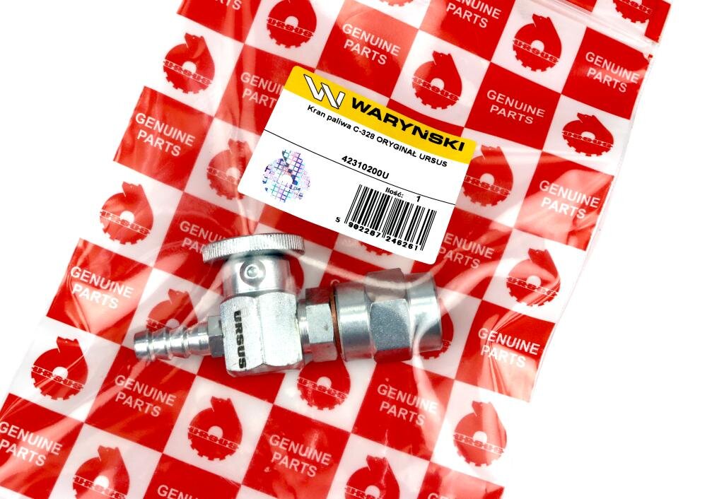 Metalowy kran paliwa zapakowany w przezroczystą torbę z czerwonym wzorem i napisami \'GENUINE PARTS\'. Na etykiecie widnieje tekst: \'WARYNSKI Kran paliwa C-328 ORYGINAŁ URSUS 42310200U\'.
