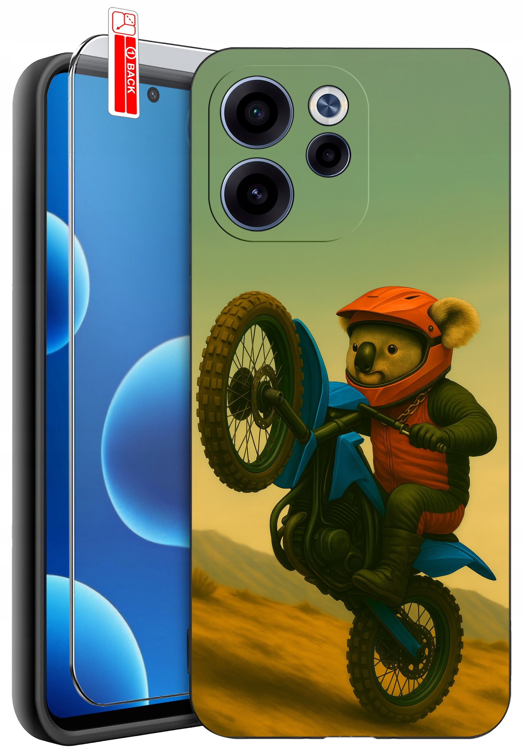 Etui na telefon z nadrukiem koali na motocyklu w kasku, obok widoczne szkło ochronne z napisem \'BACK\'.