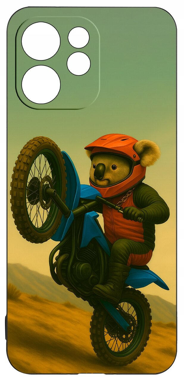 Etui na telefon z nadrukiem koali w kasku, jadącej na niebieskim motocyklu na tle pustynnego krajobrazu. Etui ma wycięcia na aparat i inne elementy telefonu.
