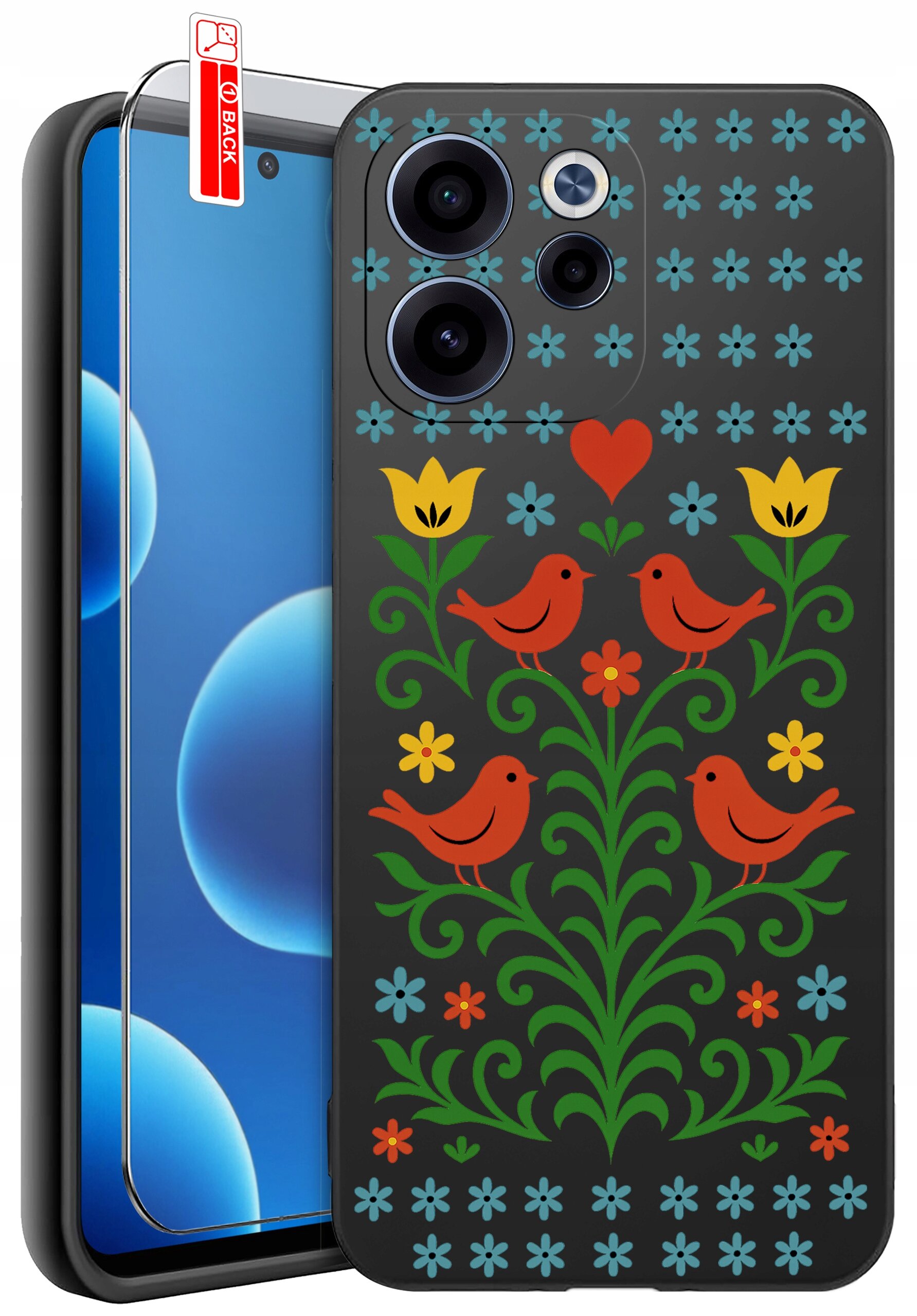 Etui na telefon z kolorowym wzorem przedstawiającym czerwone ptaki, zielone liście oraz żółte i niebieskie kwiaty. Obok etui znajduje się szkło ochronne z napisem \'BACK\'.
