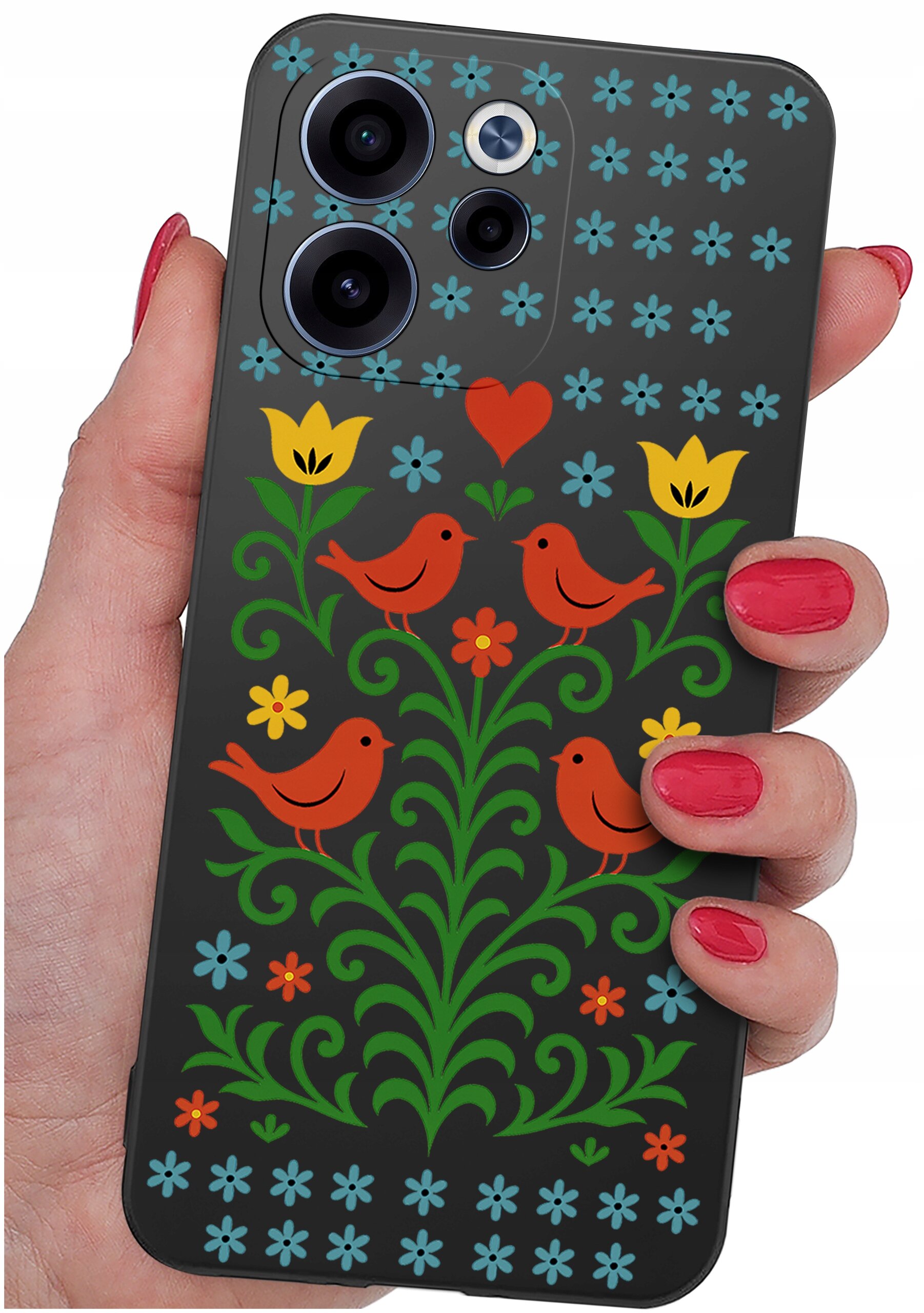 Etui na telefon z kolorowym wzorem przedstawiającym kwiaty i ptaki, trzymane w dłoni z pomalowanymi na czerwono paznokciami. Wzór zawiera elementy w kolorach zielonym, pomarańczowym, żółtym i niebieskim.