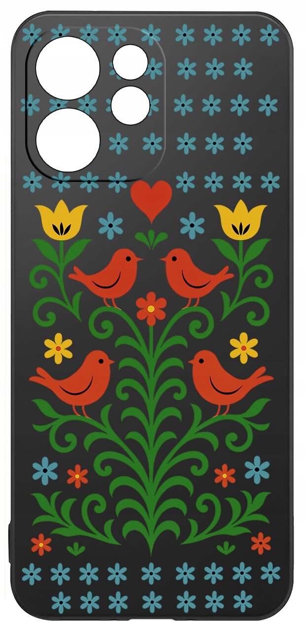 Etui na telefon z czarnym tłem ozdobione kolorowym wzorem ludowym z czerwonymi ptakami, zielonymi liśćmi i kwiatami w kolorach żółtym, niebieskim i czerwonym.