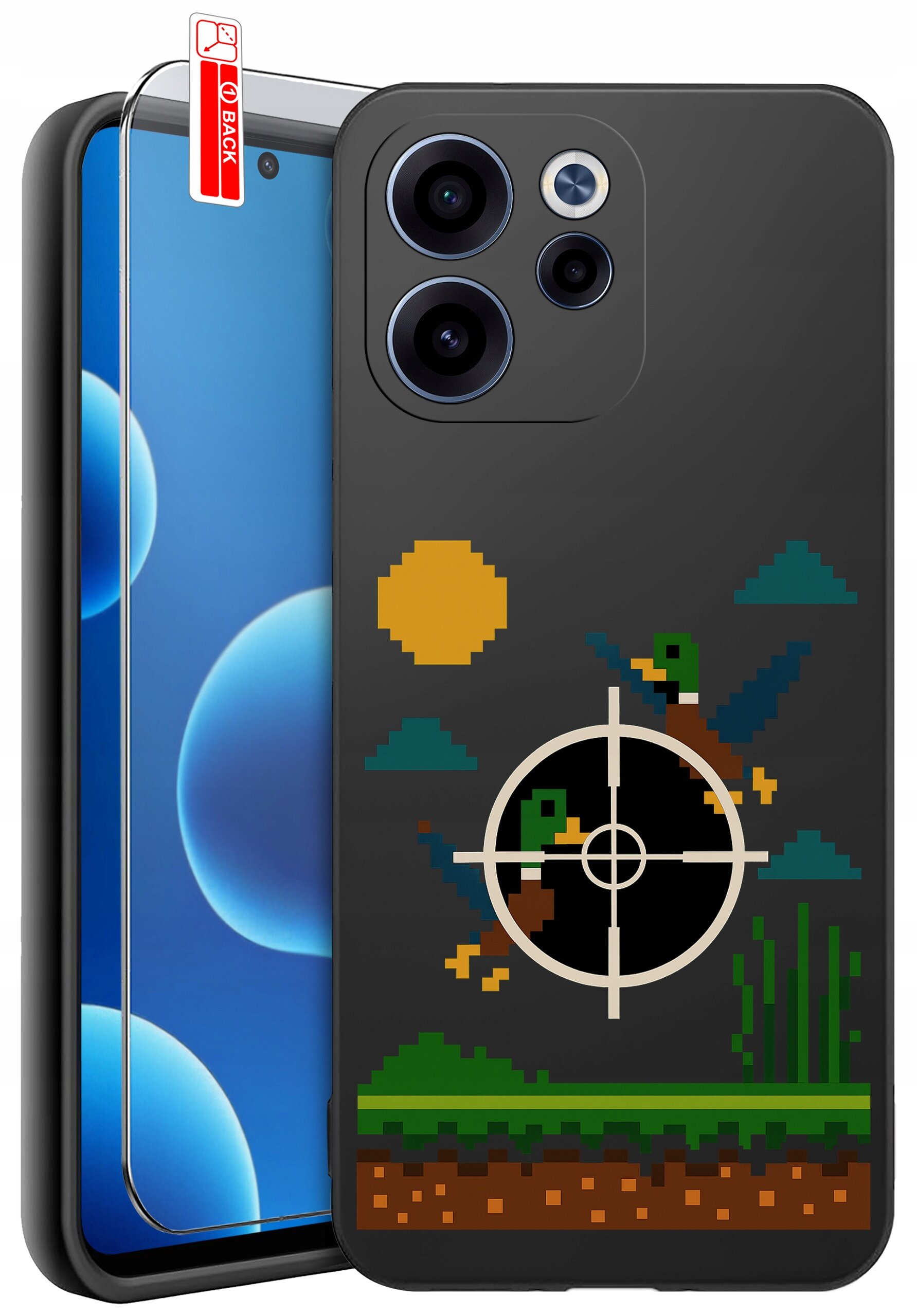 Etui na telefon z grafiką pikselowych kaczek i celownikiem, wykonane z czarnego silikonu. Obok znajduje się szkło ochronne z napisem \'BACK\'.