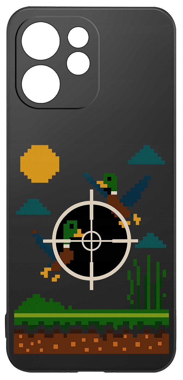 Czarne etui na telefon z pikselową grafiką przedstawiającą dwie kaczki w locie, celownik oraz elementy krajobrazu jak słońce i rośliny. Etui ma wycięcia na aparat i inne elementy telefonu.