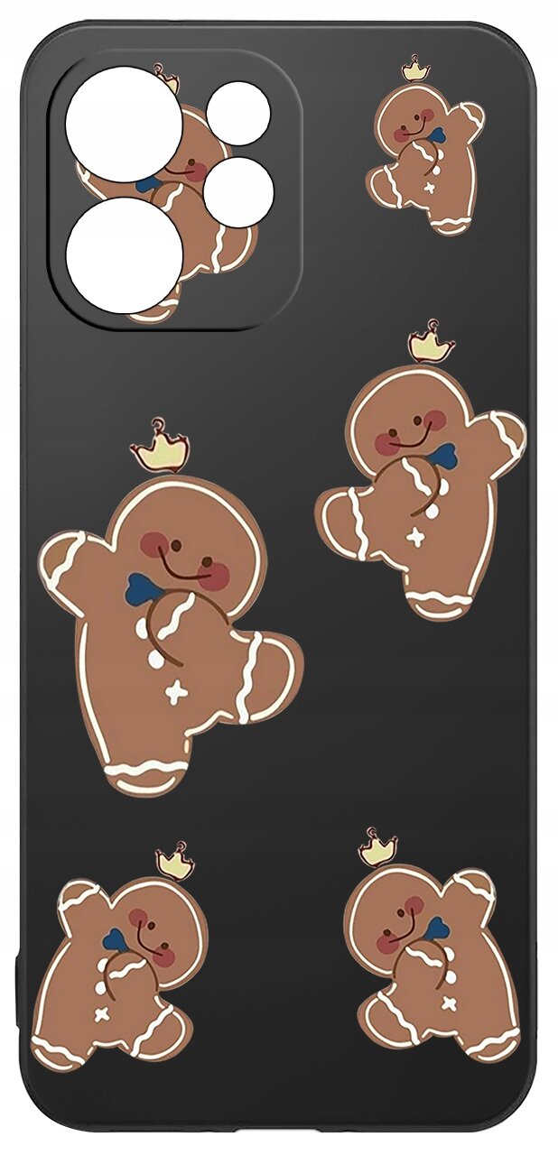 Czarne etui z motywem piernikowych ludzików w koronach, rozmieszczonych na całej powierzchni. Etui posiada wycięcia na aparat i przyciski.
