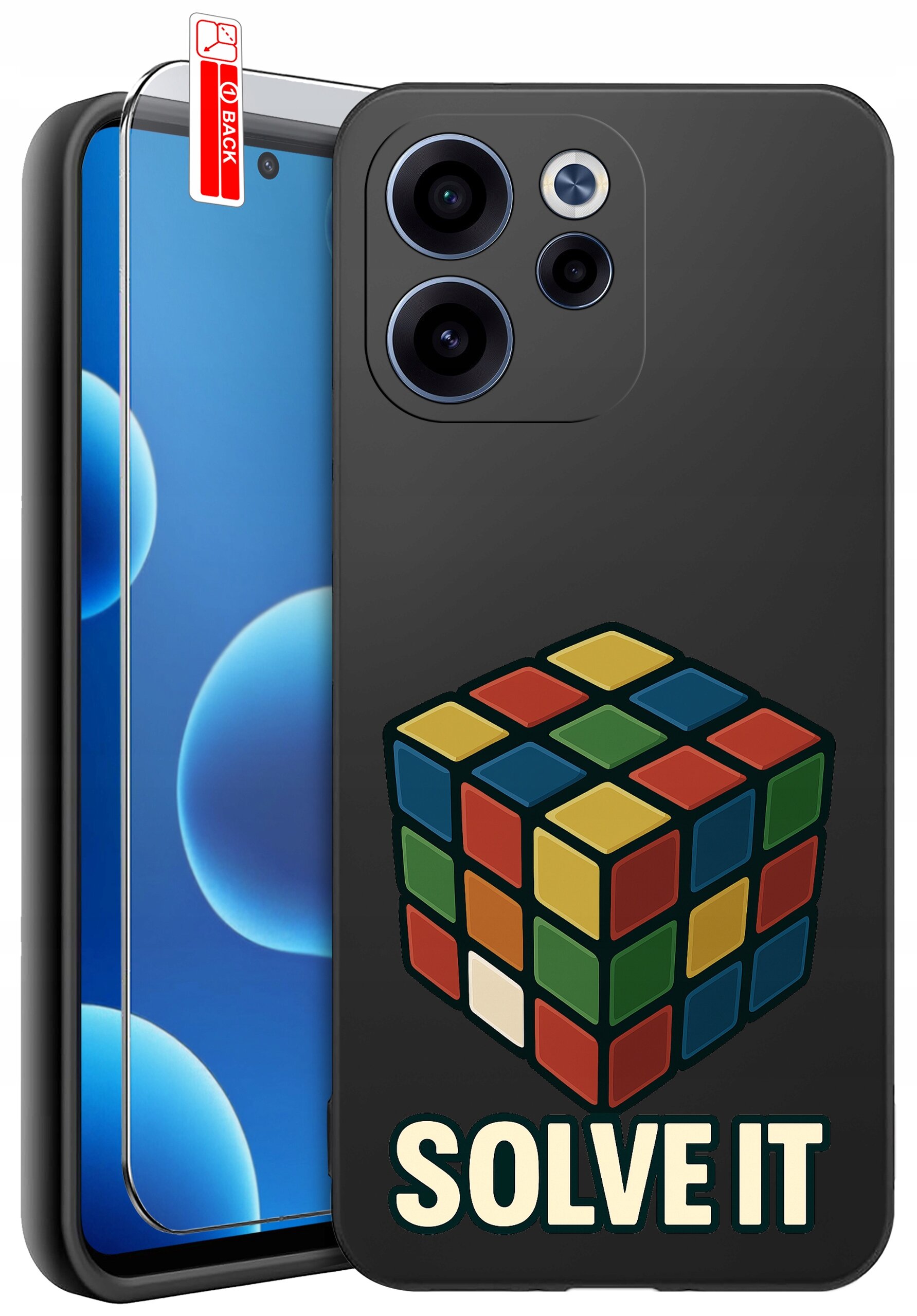 Czarne etui na telefon z nadrukiem kolorowej kostki i napisem \'SOLVE IT\'. Obok etui znajduje się szkło ochronne z oznaczeniem \'BACK\'.