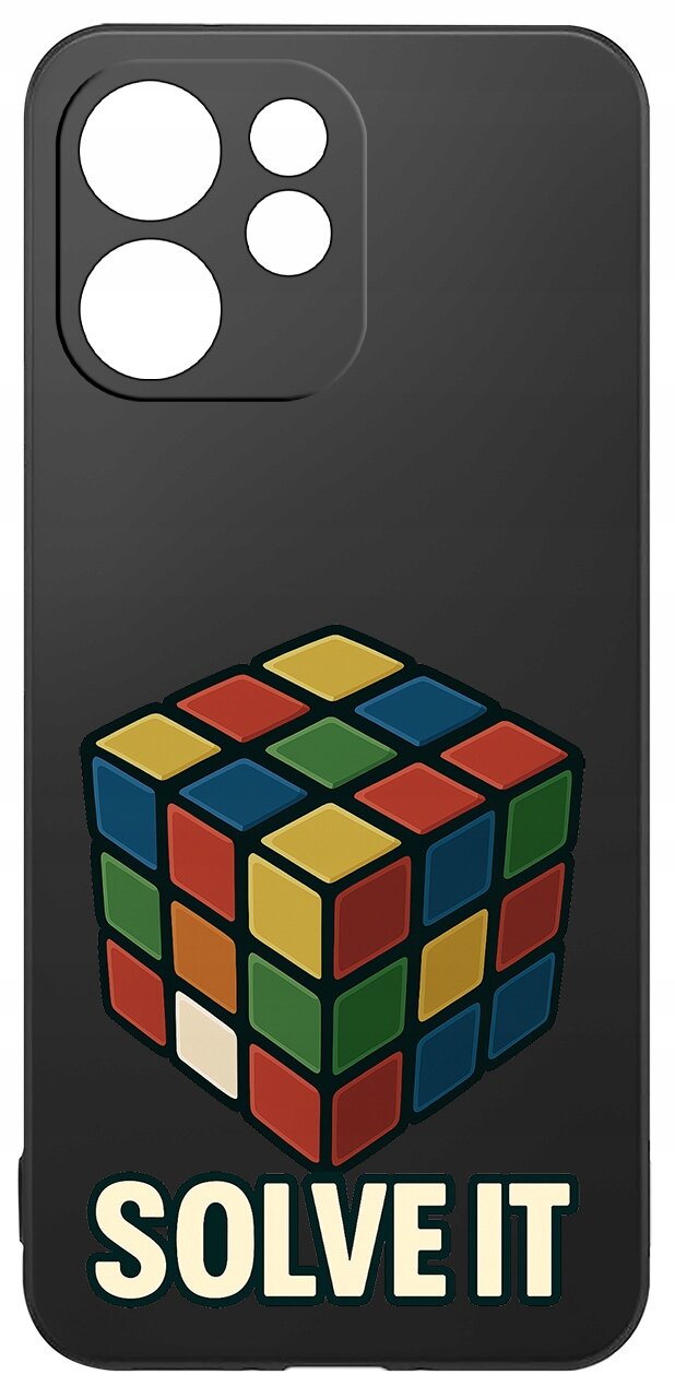 Czarne etui z nadrukiem kolorowej kostki Rubika i napisem \'SOLVE IT\'.