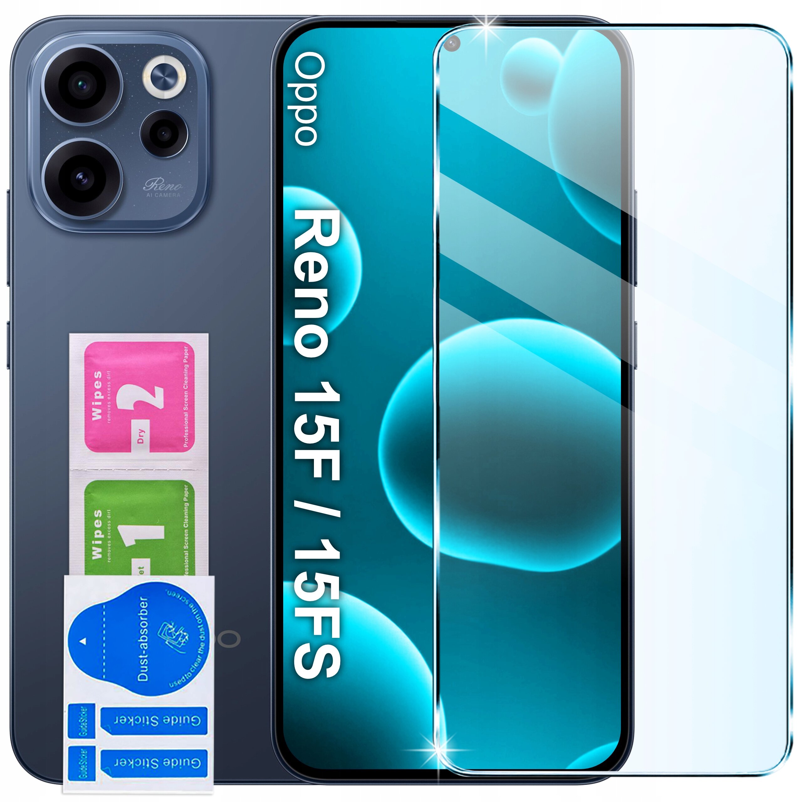 Na obrazie widoczny jest telefon z napisem \'Oppo Reno 15F / 15FS\' oraz zestaw akcesoriów, w tym ściereczki do czyszczenia i naklejki do usuwania kurzu. Obok telefonu znajduje się przezroczyste szkło ochronne.