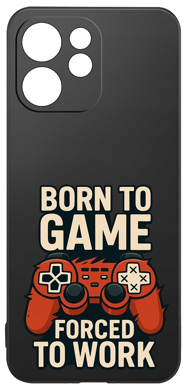 Czarne etui z nadrukiem czerwonego kontrolera do gier i napisem \'BORN TO GAME FORCED TO WORK\'.