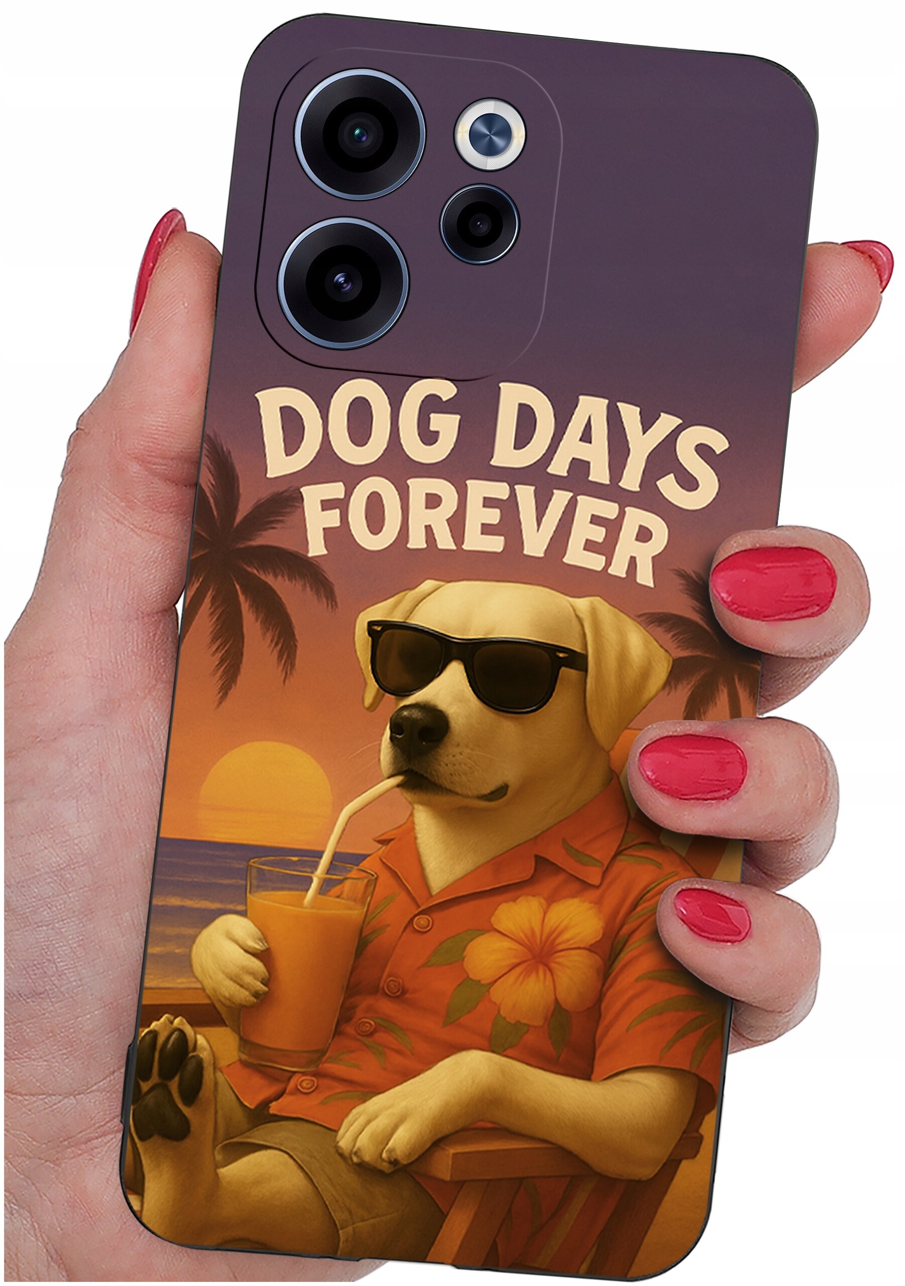 Etui na telefon z nadrukiem psa w okularach przeciwsłonecznych, trzymającego napój z napisem \'DOG DAYS FOREVER\'. W tle widoczne są palmy i zachodzące słońce.