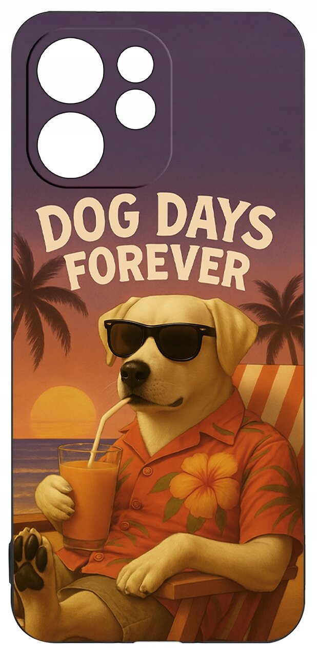 Etui z nadrukiem psa w okularach przeciwsłonecznych, siedzącego na leżaku z napojem w ręku. Na górze widoczny jest napis \'DOG DAYS FOREVER\'.