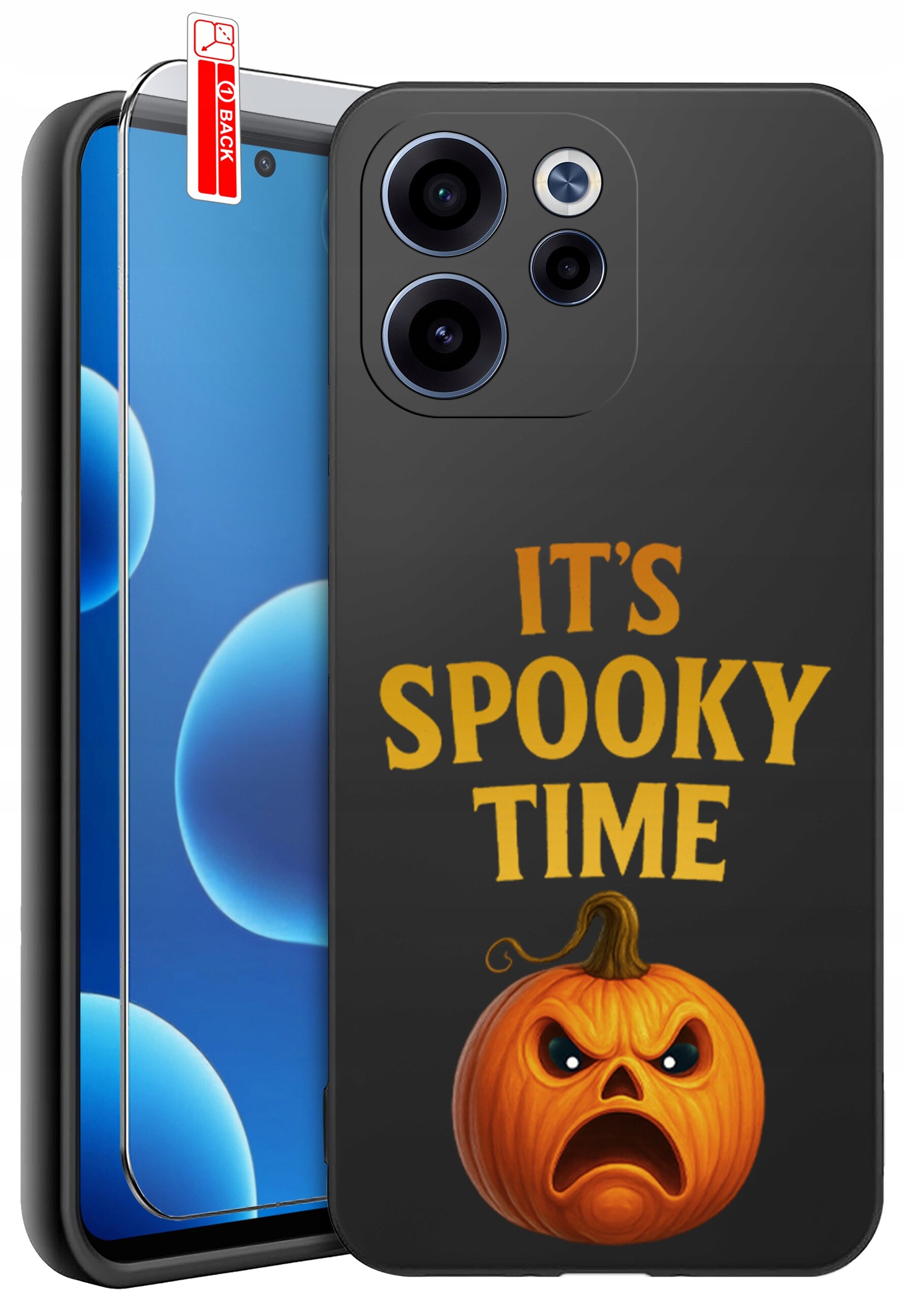 Etui na telefon z napisem \'IT\'S SPOOKY TIME\' oraz grafiką dyni. Obok znajduje się szkło ochronne z oznaczeniem \'BACK\'.