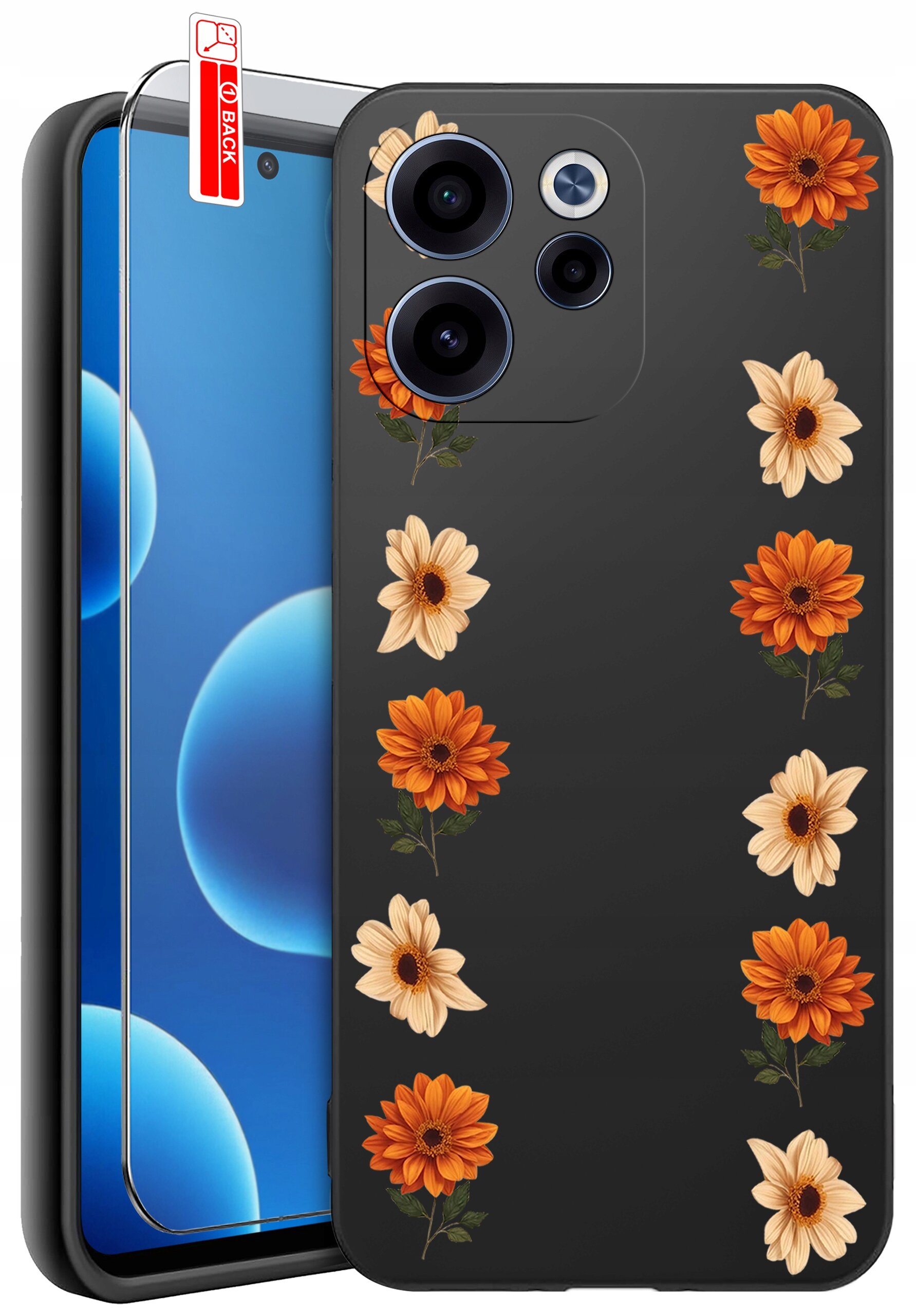 Etui na telefon z motywem kwiatowym w kolorach pomarańczowym i kremowym, z trzema wycięciami na aparaty. Obok znajduje się szkło ochronne z czerwoną naklejką \'BACK\'.