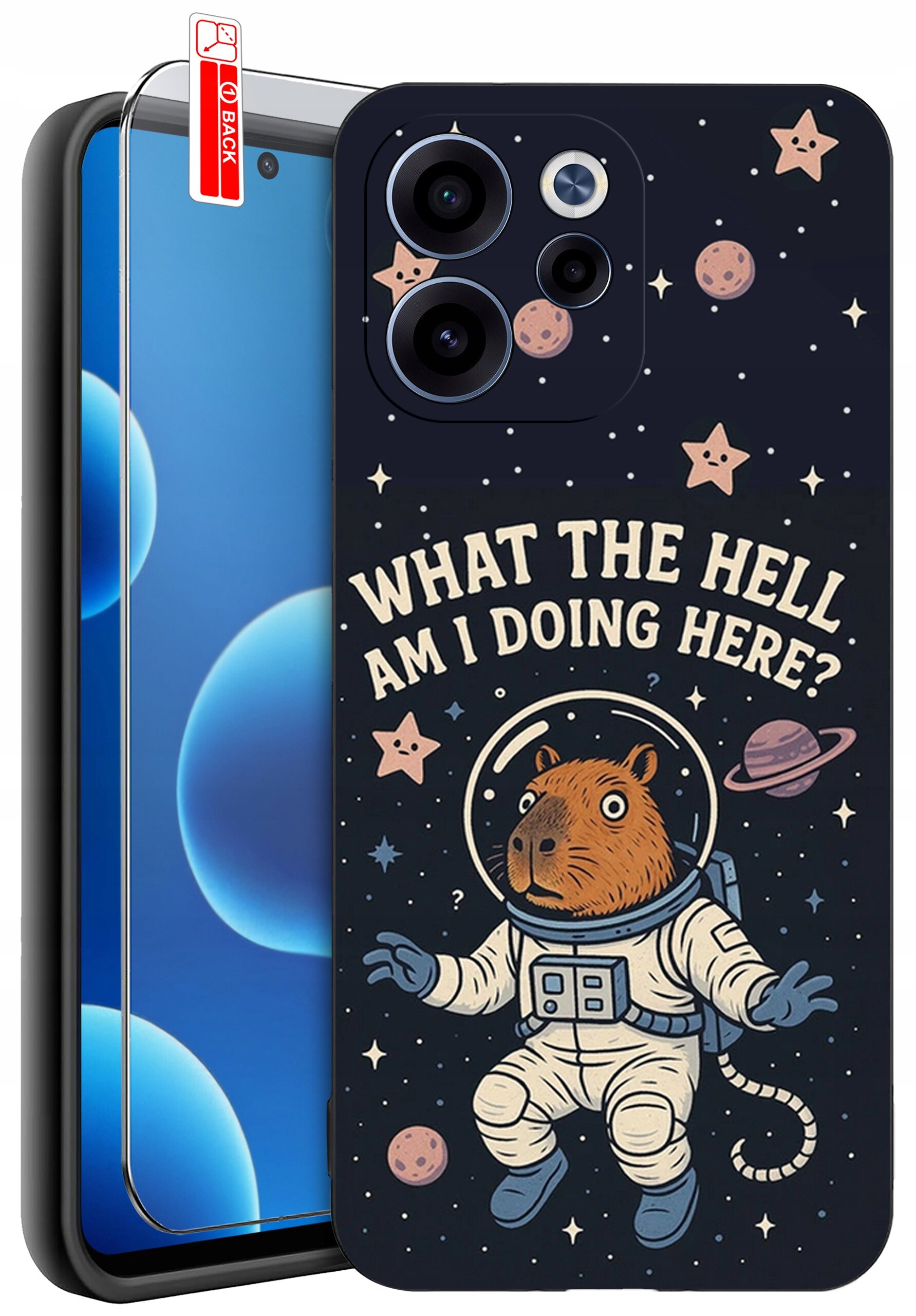 Etui na telefon z grafiką przedstawiającą zwierzę w skafandrze kosmicznym oraz tekstem \'WHAT THE HELL AM I DOING HERE?\'. W tle widoczne są gwiazdy i planety.