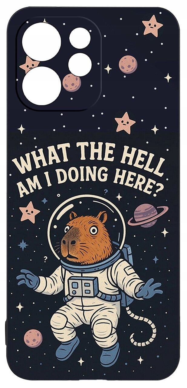 Etui z nadrukiem przedstawiającym zwierzę w skafandrze kosmicznym na tle gwiazd i planet. Na górze widnieje tekst: \'WHAT THE HELL AM I DOING HERE?\'.