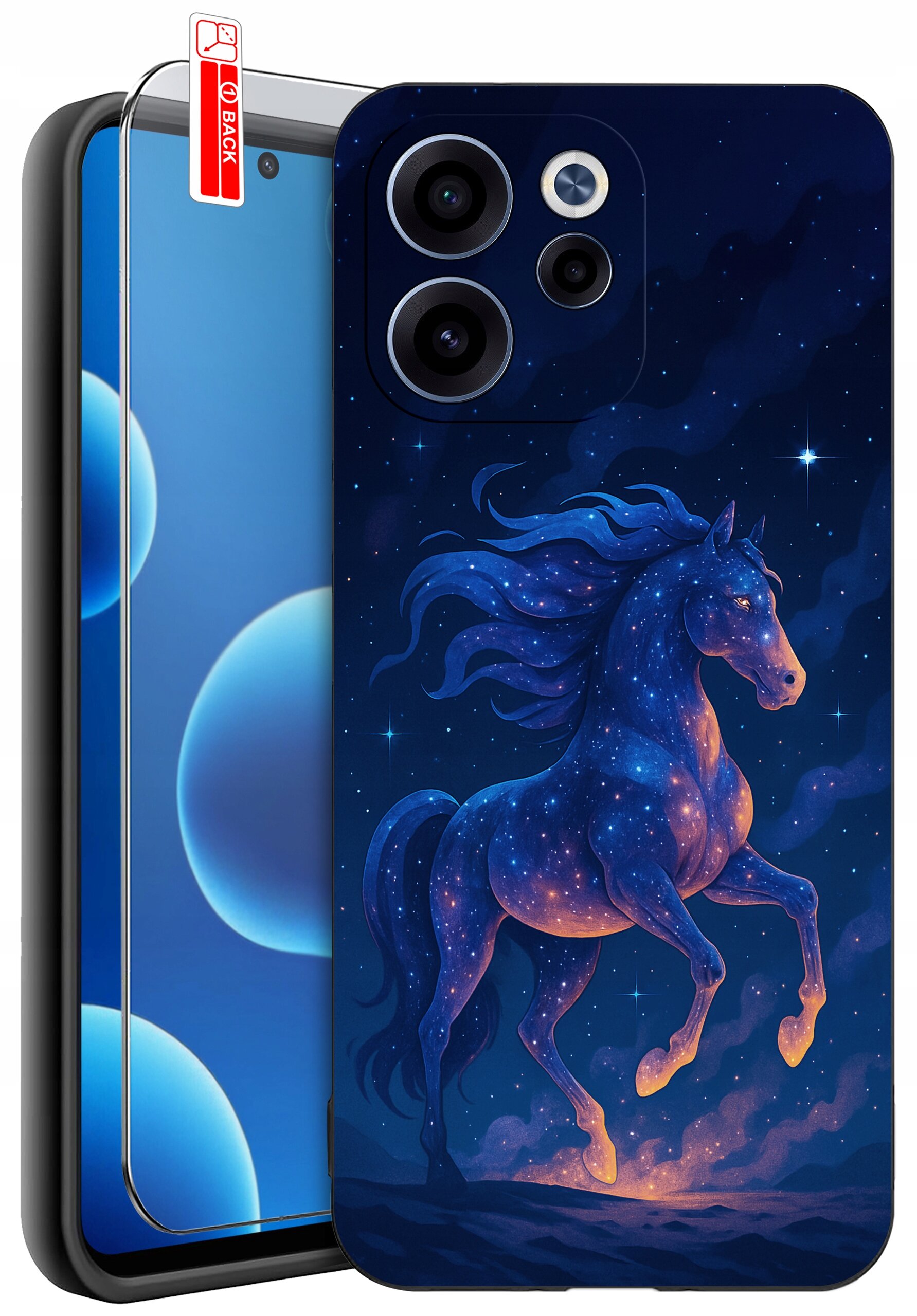 Etui na telefon z motywem galopującego konia na tle gwiaździstego nieba. Obok widoczna jest szybka ochronna z napisem \'BACK\'.