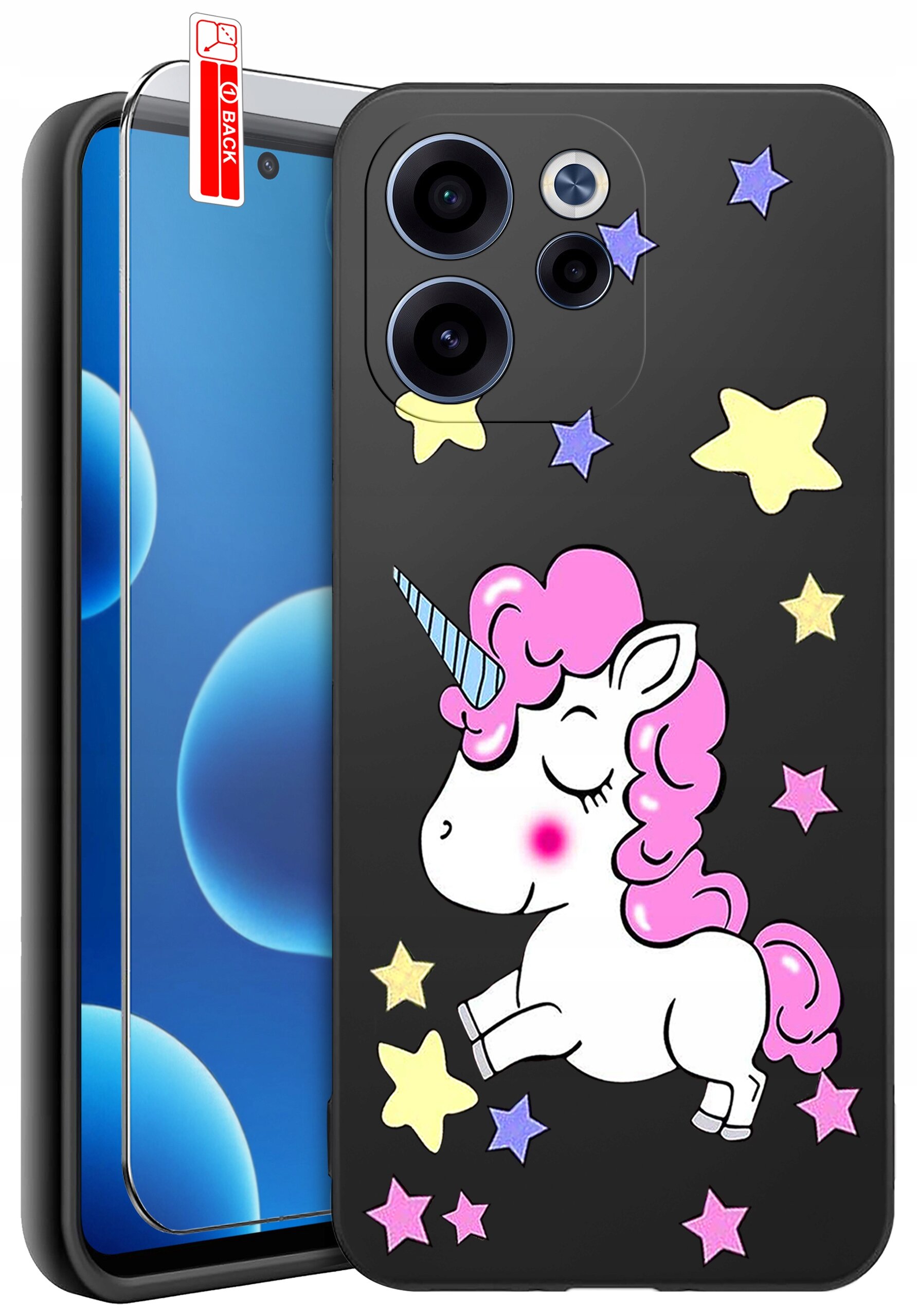 Czarne etui na telefon z kolorowym wzorem jednorożca i gwiazdek. Obok etui znajduje się szkło ochronne z oznaczeniem \'BACK\'.