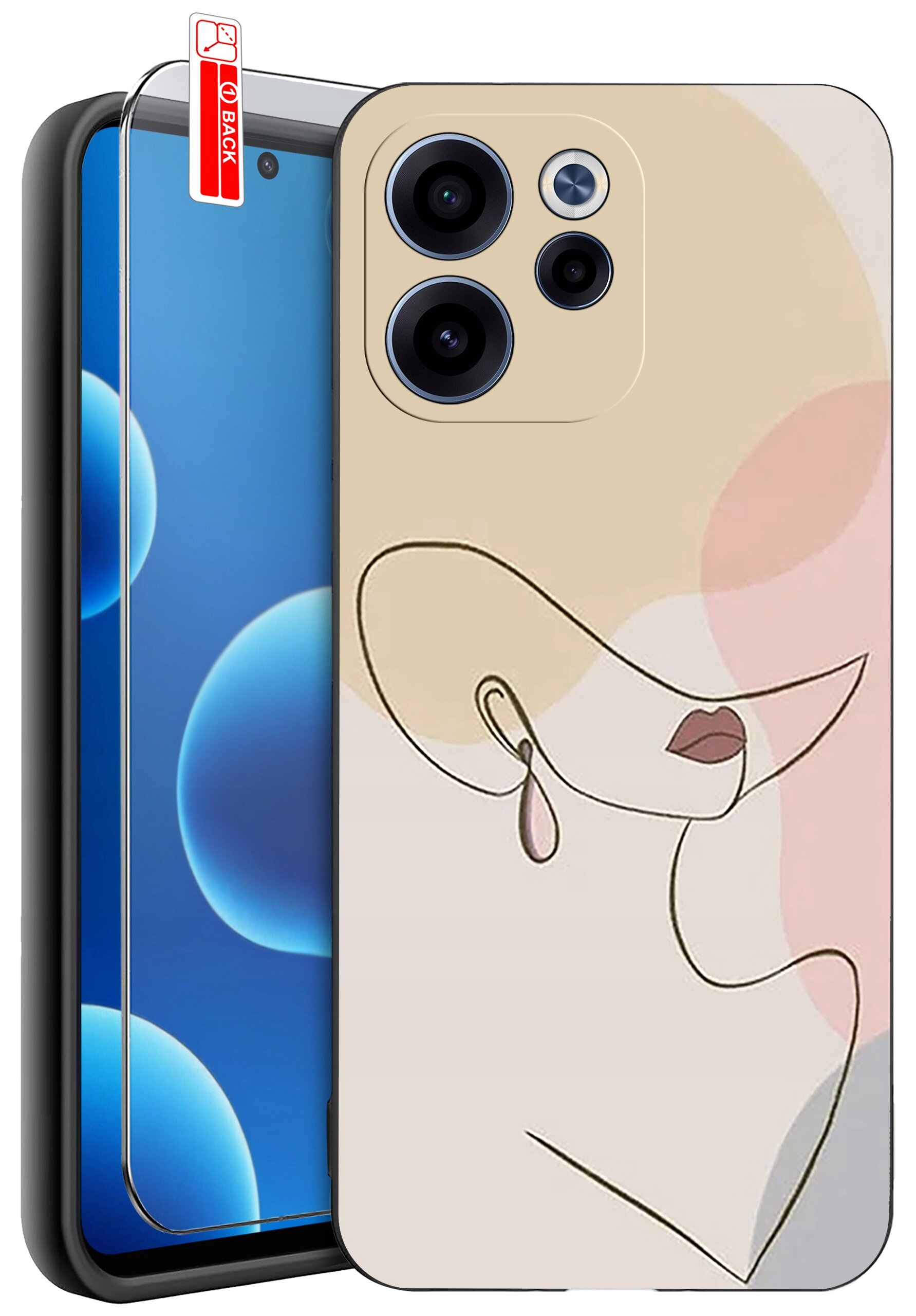 Obraz przedstawia silikonowe etui na telefon z abstrakcyjnym wzorem twarzy w pastelowych kolorach oraz szkło ochronne z napisem \'BACK\'.