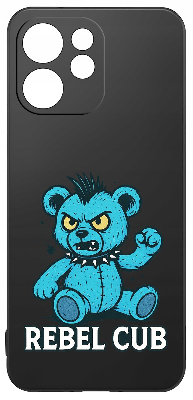 Czarne etui z nadrukiem niebieskiego misia o groźnym wyrazie twarzy i napisem \'REBEL CUB\' na dole.
