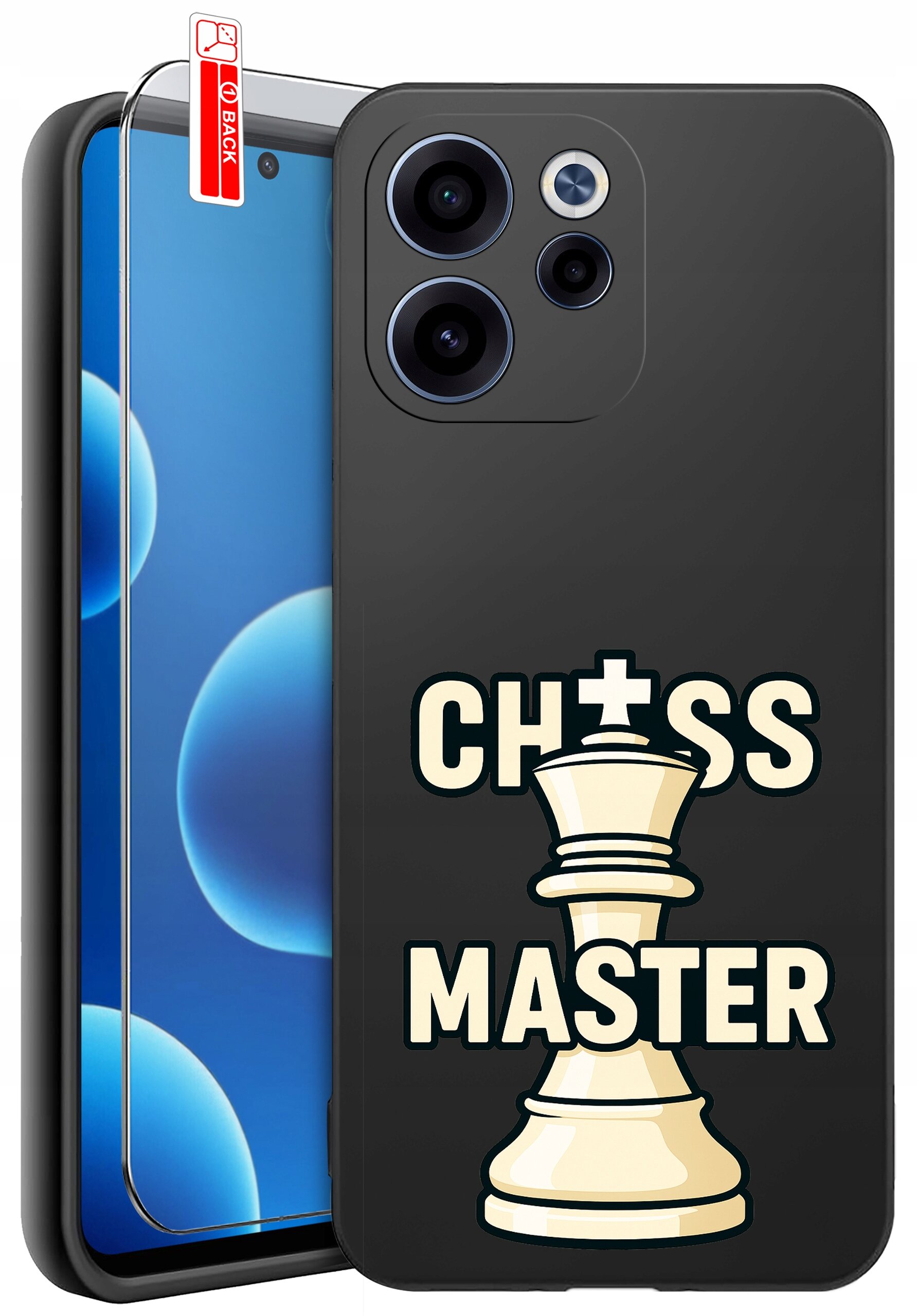 Czarne etui na telefon z napisem \'CHESS MASTER\' i grafiką białej figury szachowej. Obok znajduje się szkło ochronne z oznaczeniem \'BACK\'.