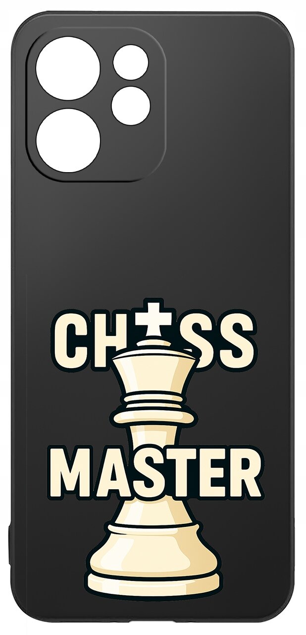 Czarne etui z nadrukiem przedstawiającym białą figurę szachową oraz napis \'CHESS MASTER\'.