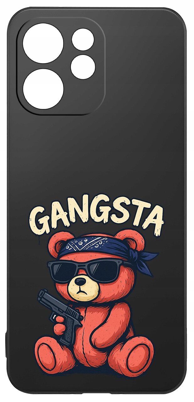 Czarne etui z nadrukiem misia w okularach przeciwsłonecznych, z bandaną na głowie i trzymającego pistolet. Nad misiem znajduje się napis \'GANGSTA\'.