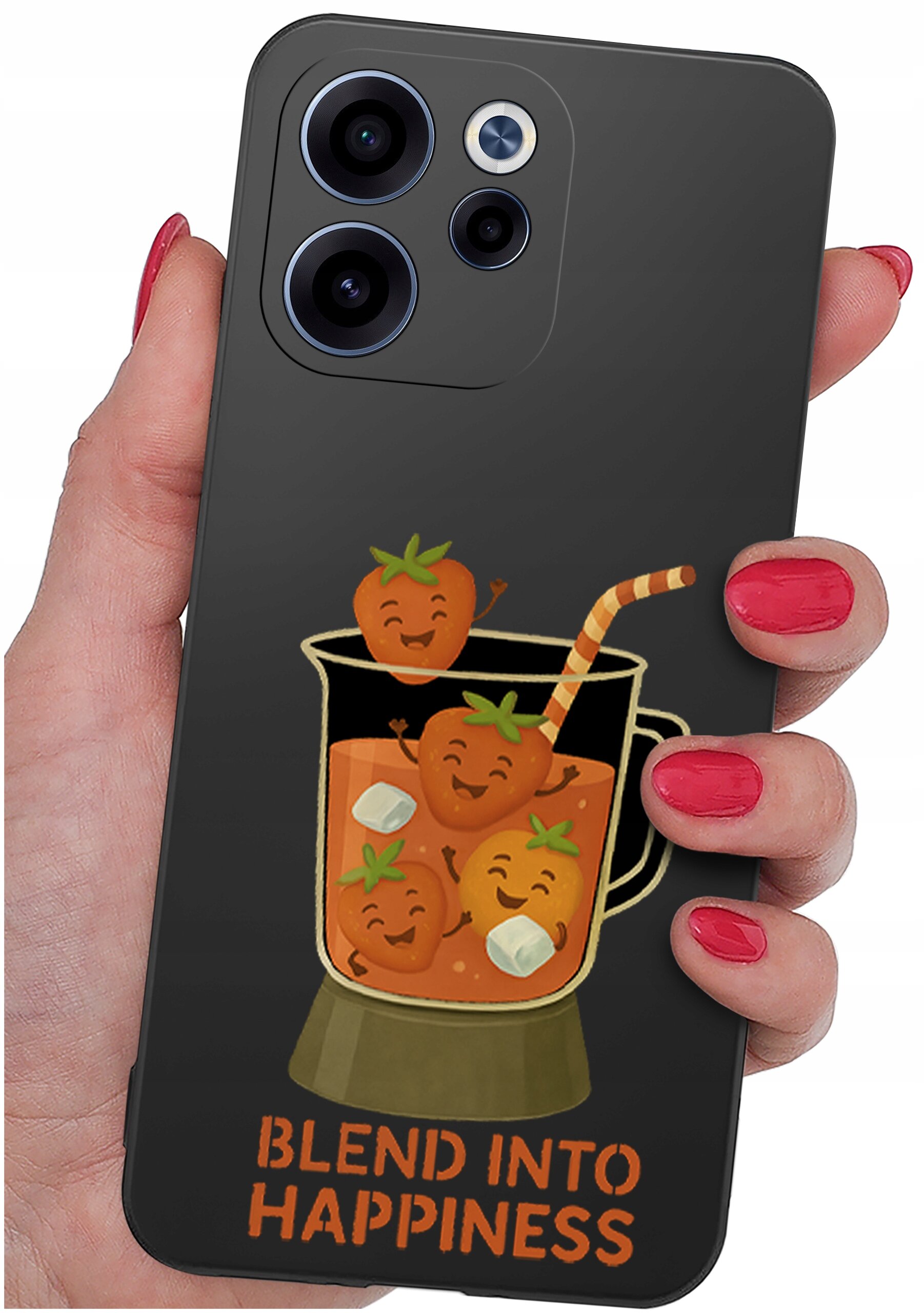 Etui na telefon z grafiką przedstawiającą uśmiechnięte truskawki w blenderze z napisem \'BLEND INTO HAPPINESS\'.