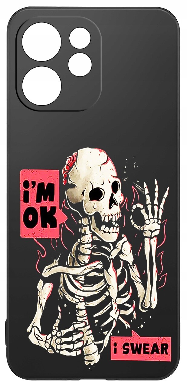 Czarne etui z nadrukiem szkieletu z podniesioną ręką, otoczonego czerwonymi płomieniami. Na etui znajdują się napisy \'i\'m OK\' oraz \'i SWEAR\'.