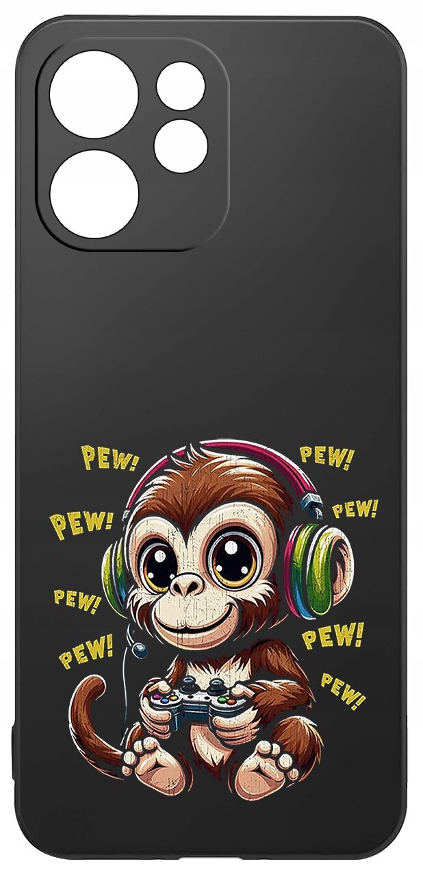 Czarne etui z nadrukiem małpki w słuchawkach trzymającej kontroler do gier, otoczonej tekstem \'PEW!\'.
