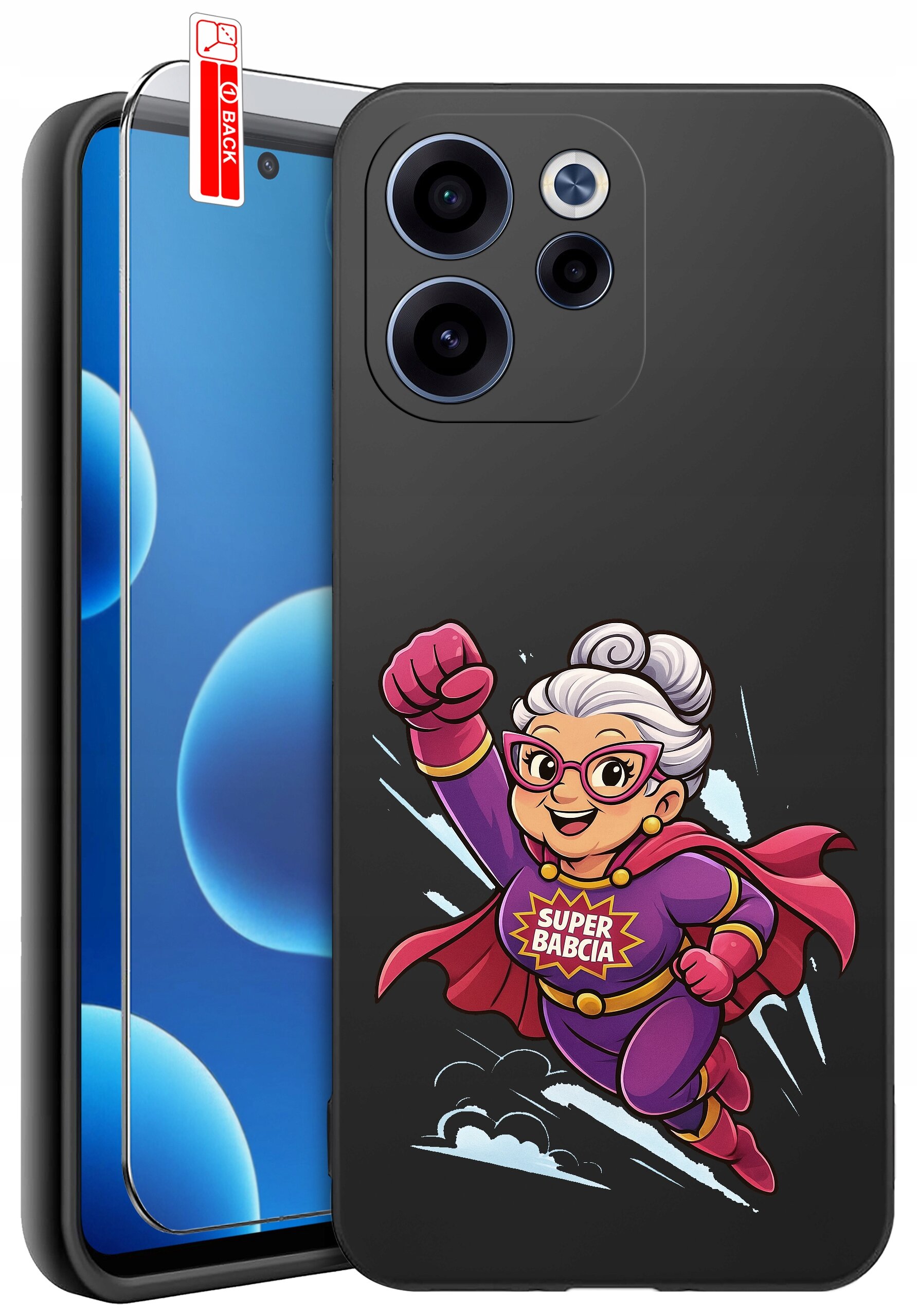Czarne etui na telefon z nadrukiem postaci w stroju superbohatera z napisem \'SUPER BABCIA\'. Obok etui znajduje się szkło ochronne z oznaczeniem \'BACK\'.