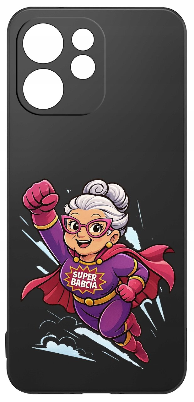 Czarne etui na telefon z grafiką przedstawiającą postać w stroju superbohatera z napisem \'SUPER BABCIA\'.