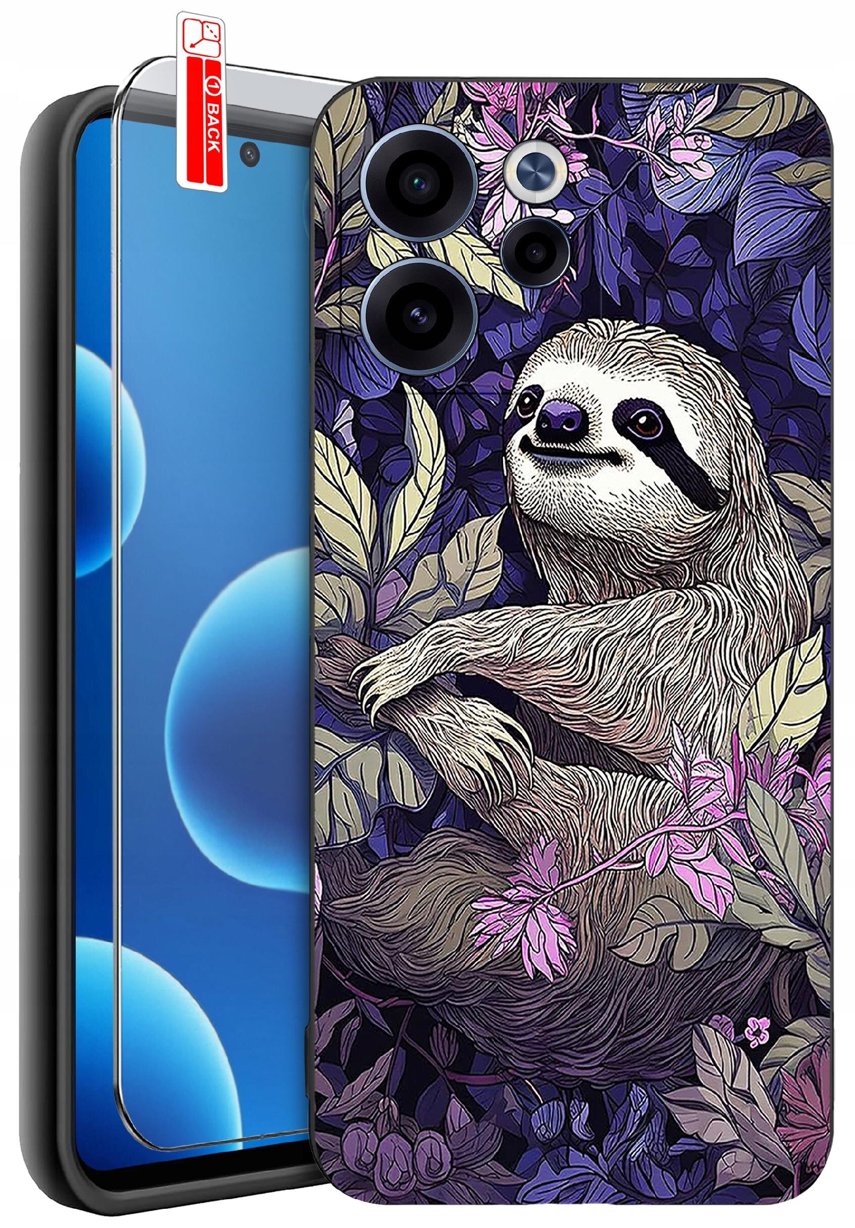 Etui na telefon z kolorowym wzorem przedstawiającym leniwca wśród liści, obok znajduje się szkło ochronne z napisem \'BACK\'.