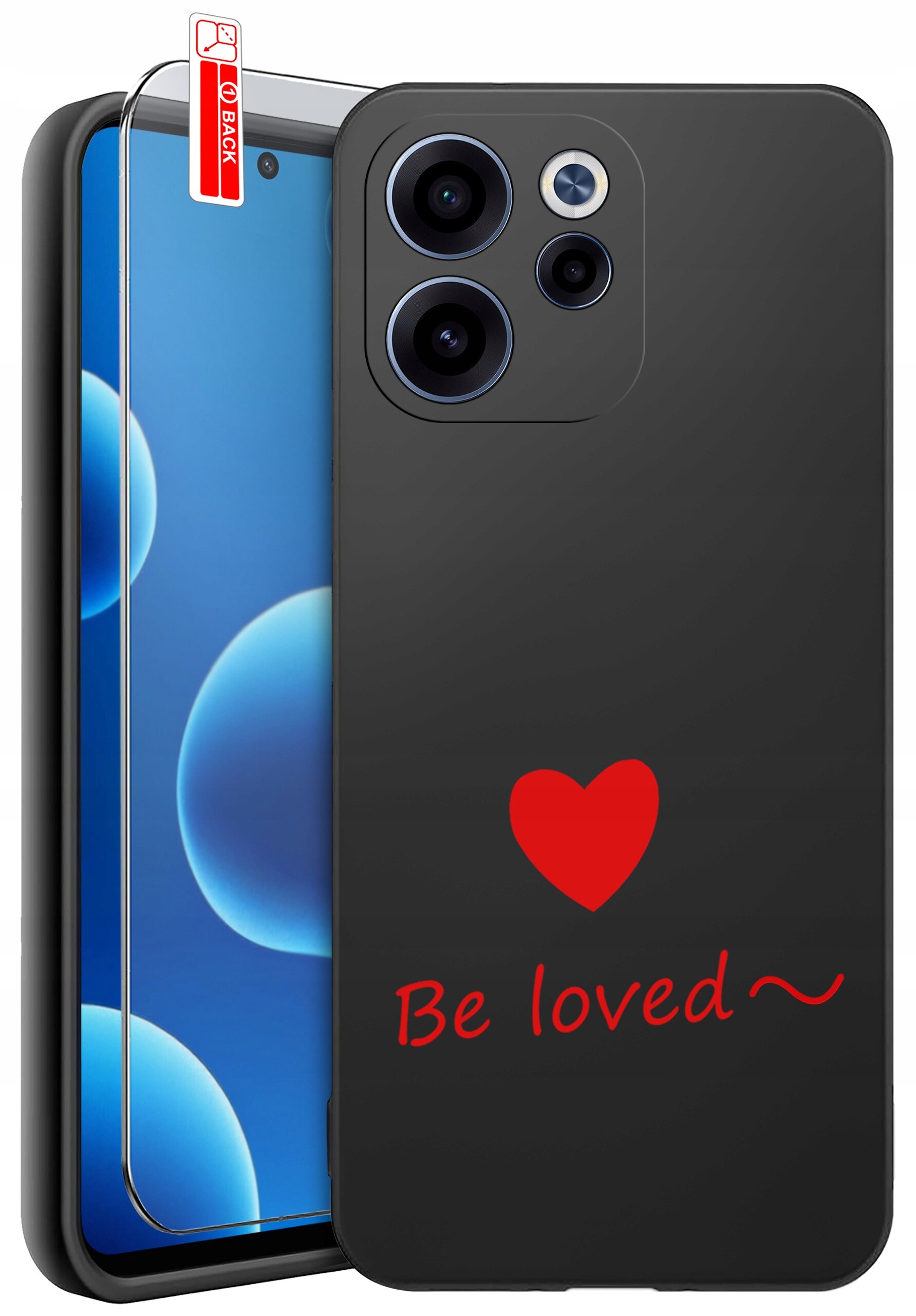 Czarne silikonowe etui z czerwonym sercem i napisem \'Be loved~\'. Obok znajduje się szkło ochronne z oznaczeniem \'BACK\'.