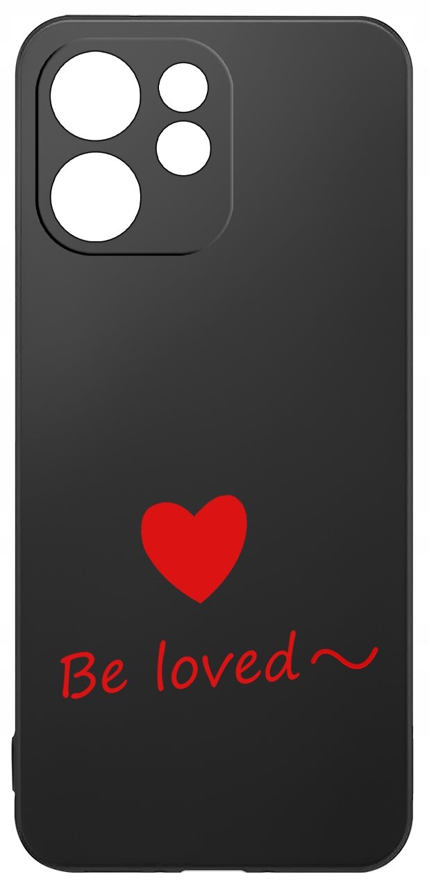Czarne etui na telefon z wycięciami na aparat, ozdobione czerwonym sercem i napisem \'Be loved~\'.