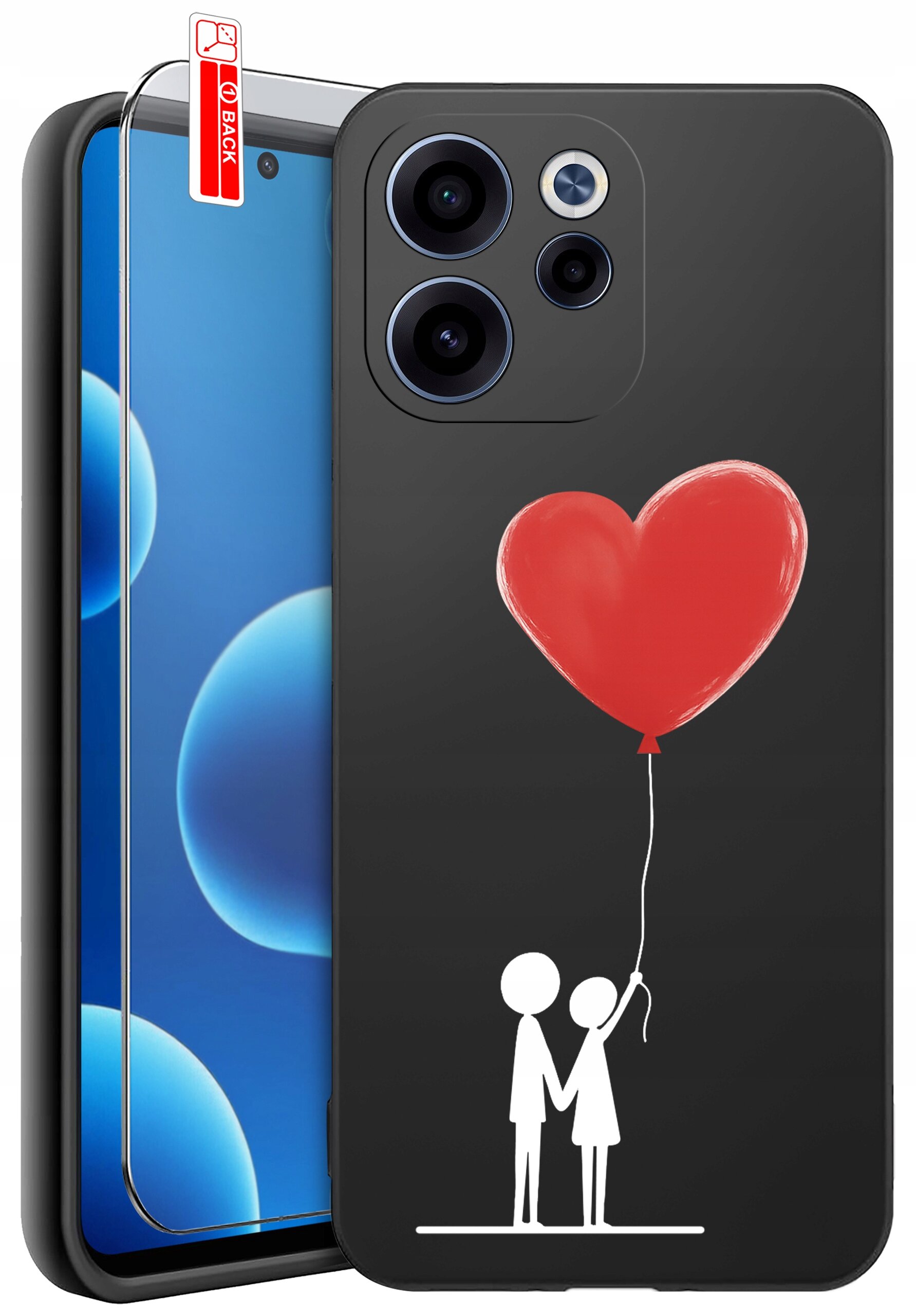 Czarne etui na telefon z grafiką przedstawiającą dwie postacie trzymające czerwony balon w kształcie serca. Obok etui znajduje się szkło ochronne z oznaczeniem \'BACK\'.