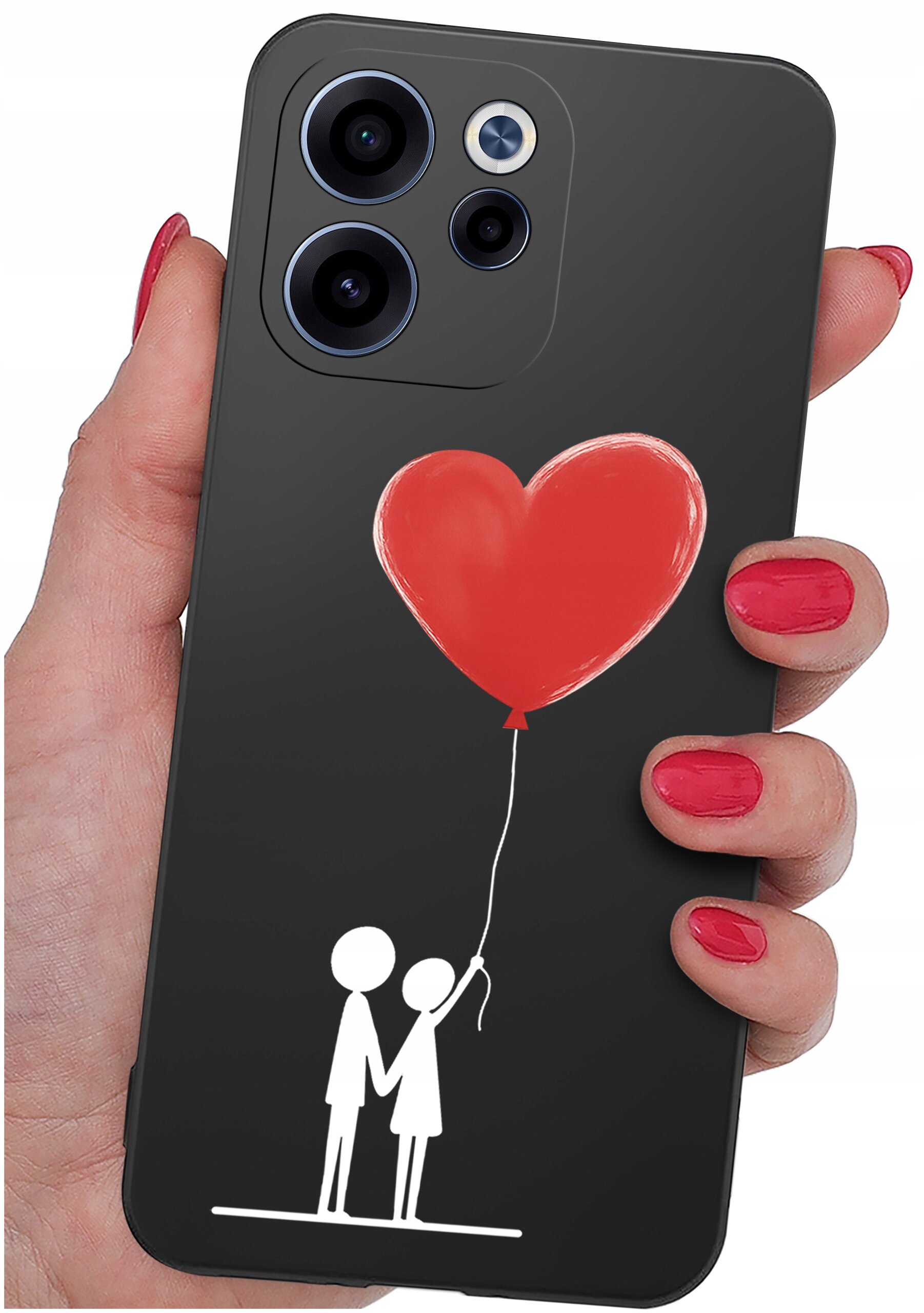 Czarna obudowa telefonu z grafiką przedstawiającą dwie postacie trzymające czerwony balon w kształcie serca. Obudowa jest trzymana w dłoni z pomalowanymi na czerwono paznokciami.