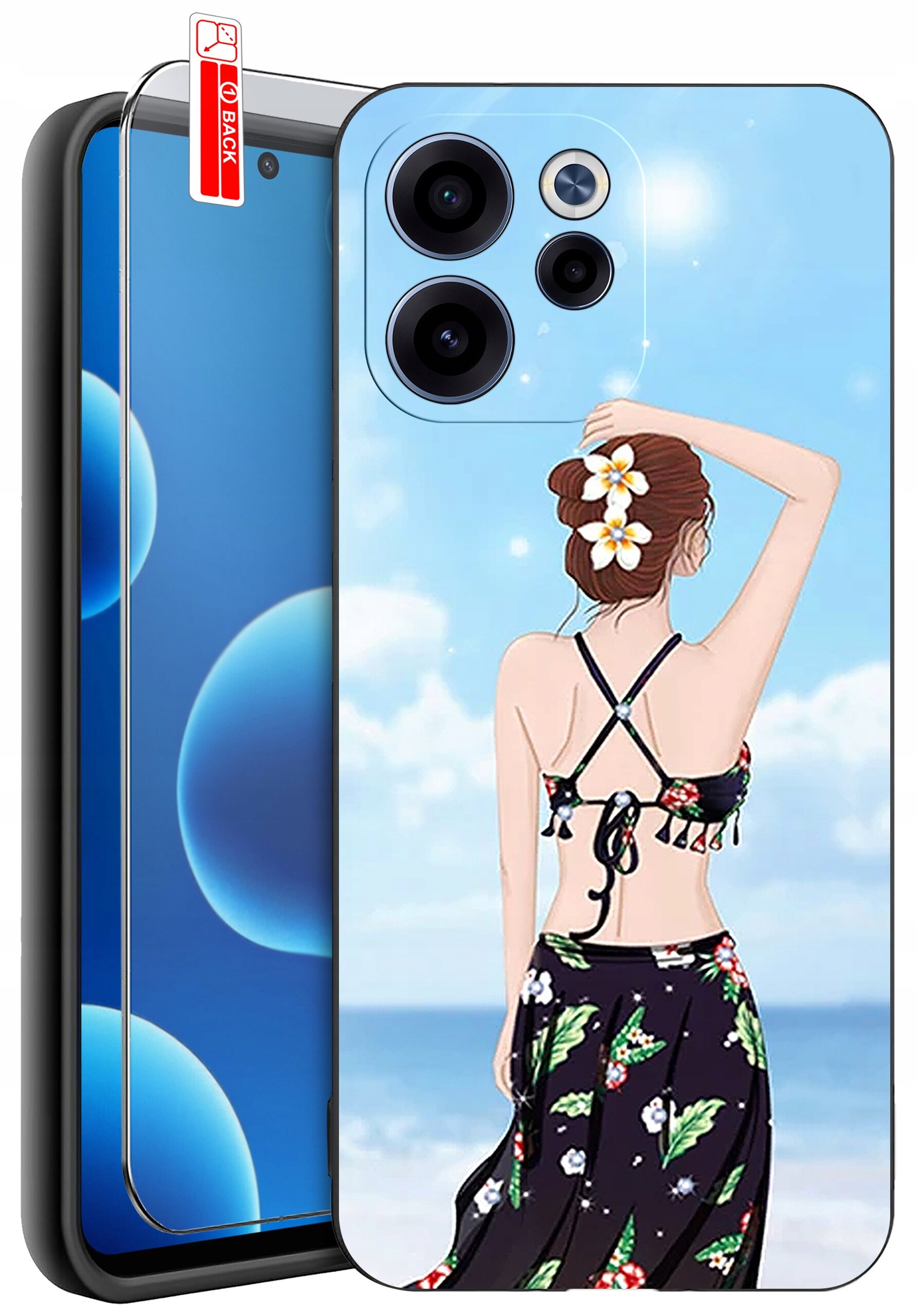 Etui na telefon z grafiką przedstawiającą kobietę na plaży, z kwiatami we włosach, na tle nieba i morza. Obok znajduje się szkło ochronne z napisem \'BACK\'.