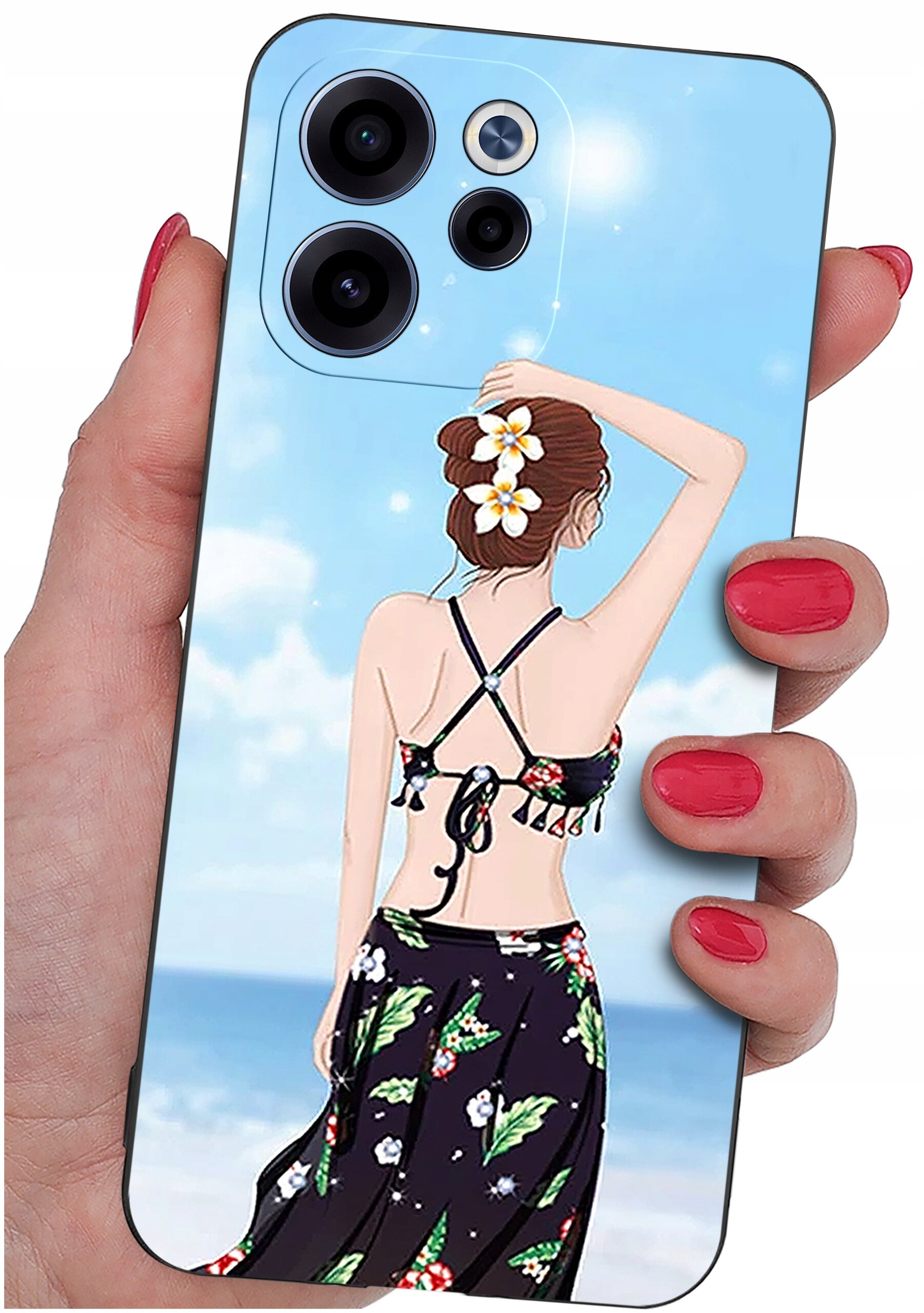 Etui na telefon z grafiką przedstawiającą kobietę w stroju plażowym na tle nieba i morza. Etui jest trzymane w dłoni z pomalowanymi na czerwono paznokciami.