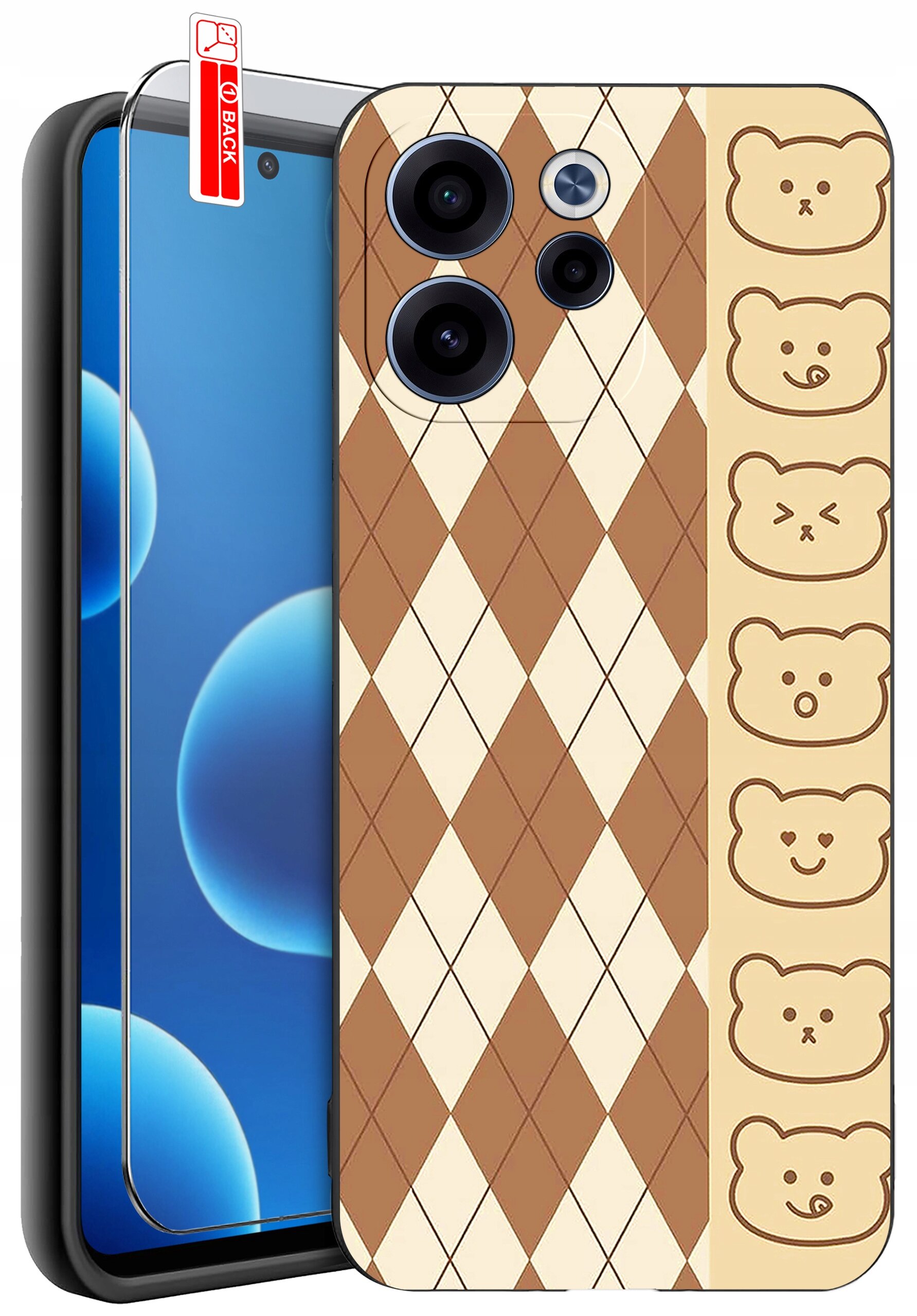 Etui na telefon z wzorem w romby w kolorach brązowym i kremowym oraz rzędem rysunków misiów po prawej stronie. Na ekranie telefonu znajduje się szkło ochronne z napisem \'BACK\'.
