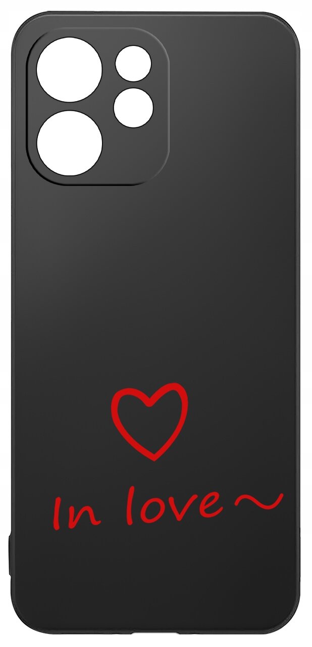 Czarne etui na telefon z wycięciami na aparat, ozdobione czerwonym sercem i napisem \'In love~\'.