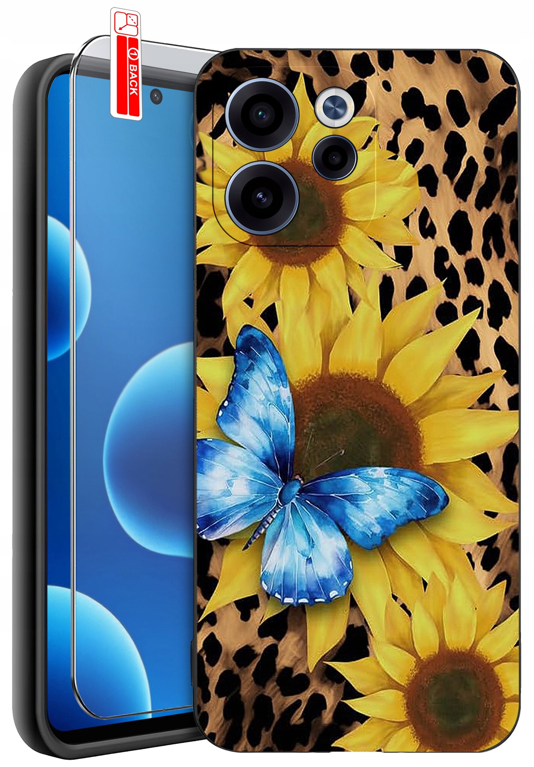 Etui na telefon z motywem słoneczników i niebieskiego motyla na tle w cętki. Obok widoczne jest szkło ochronne z napisem \'BACK\'.