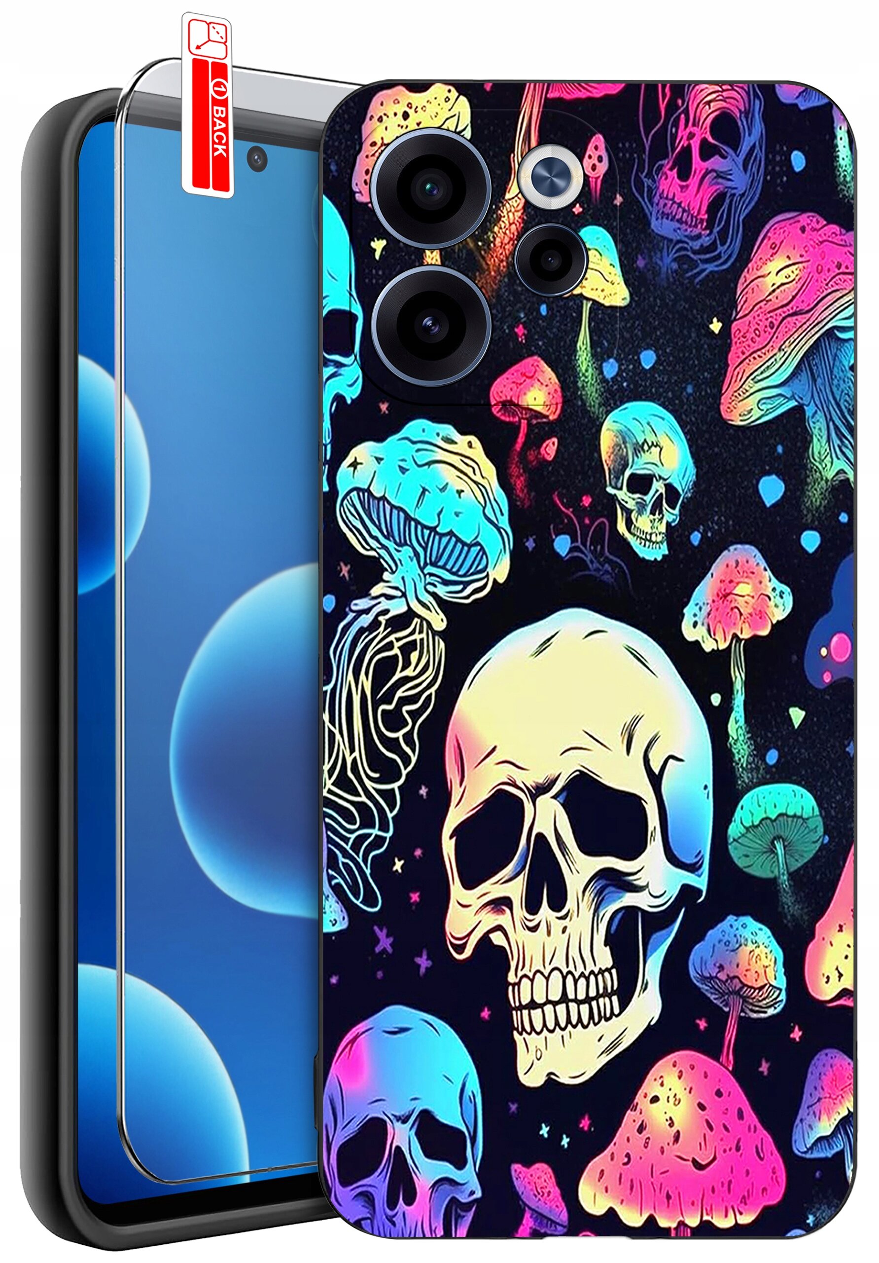Etui na telefon z kolorowym wzorem czaszek i grzybów na ciemnym tle. Obok etui znajduje się szkło ochronne z napisem \'BACK\'.