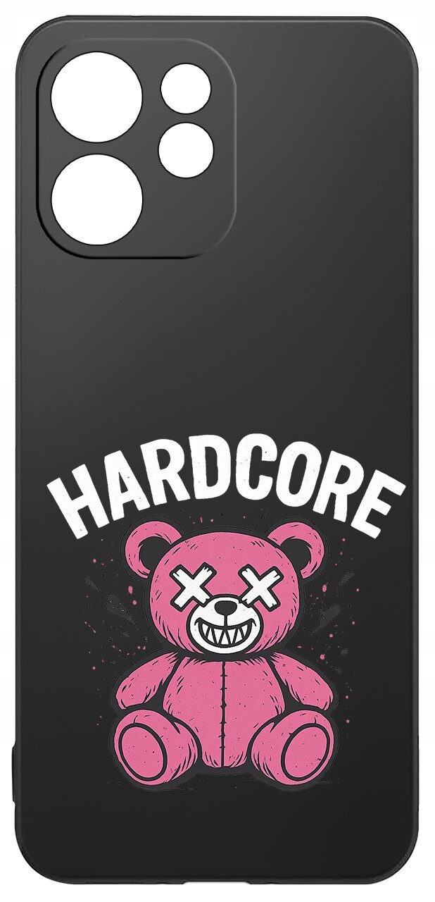 Czarne etui z nadrukiem różowego misia z zamkniętymi oczami w kształcie krzyżyków i napisem \'HARDCORE\' nad nim.