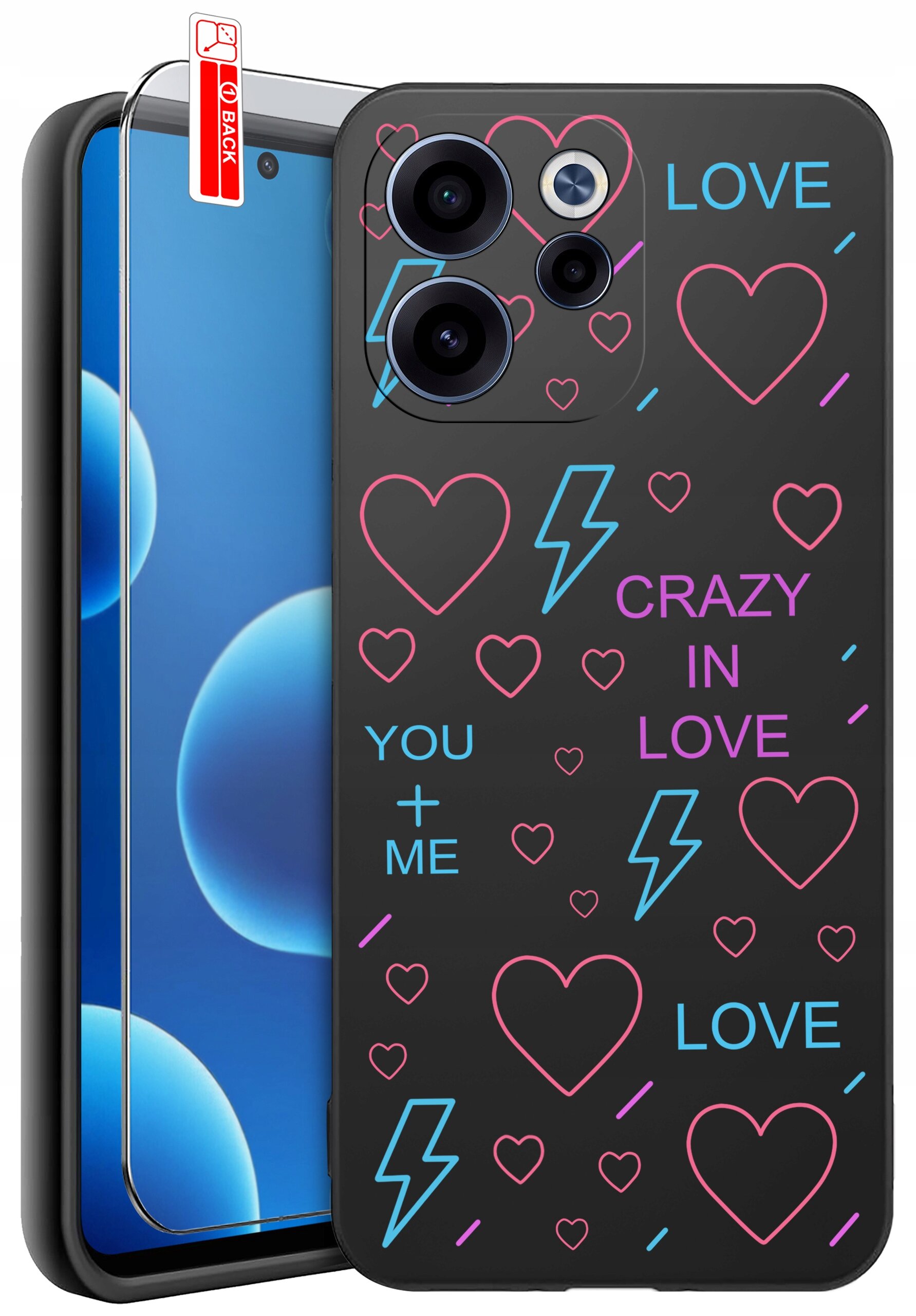 Etui na telefon z kolorowymi wzorami serc, piorunów i napisami \'LOVE\', \'CRAZY IN LOVE\', \'YOU + ME\'. Obok etui znajduje się szkło ochronne z oznaczeniem \'BACK\'.