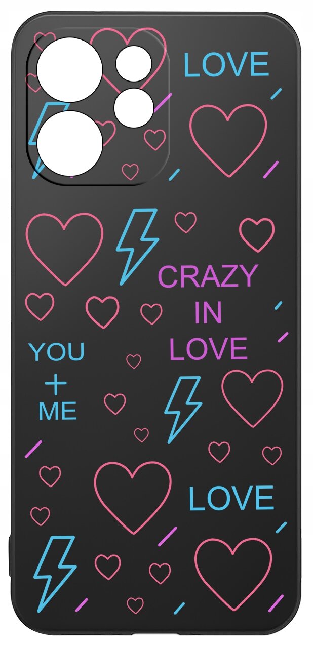 Czarne etui na telefon z kolorowymi wzorami serc, błyskawic i napisami: \'LOVE\', \'CRAZY IN LOVE\', \'YOU + ME\'.
