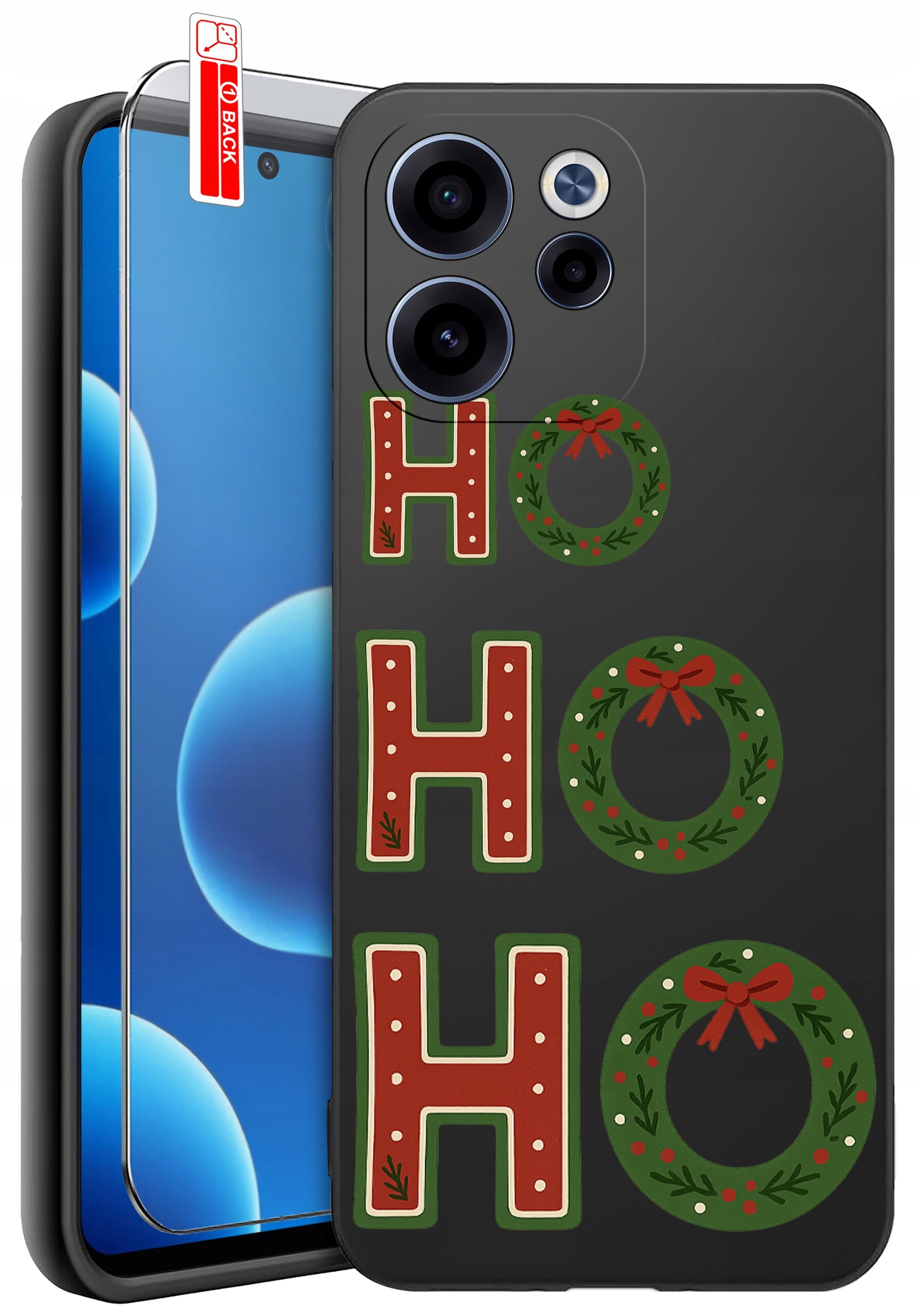 Etui na telefon z napisem \'HO HO HO\' w świątecznym stylu, z elementami przypominającymi wieńce i kokardy. Obok etui znajduje się szkło ochronne z oznaczeniem \'BACK\'.