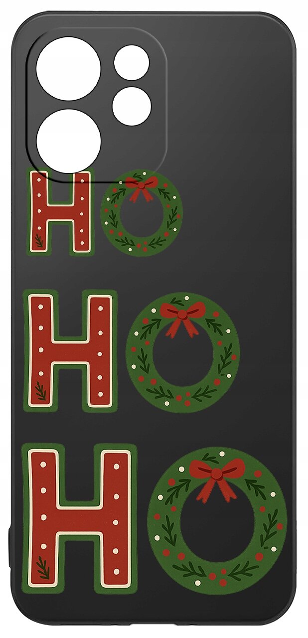 Czarne etui z napisem \'HO HO HO\', gdzie litery \'O\' są zastąpione zielonymi wieńcami z czerwonymi kokardkami. Etui ma wycięcia na aparat i przyciski.