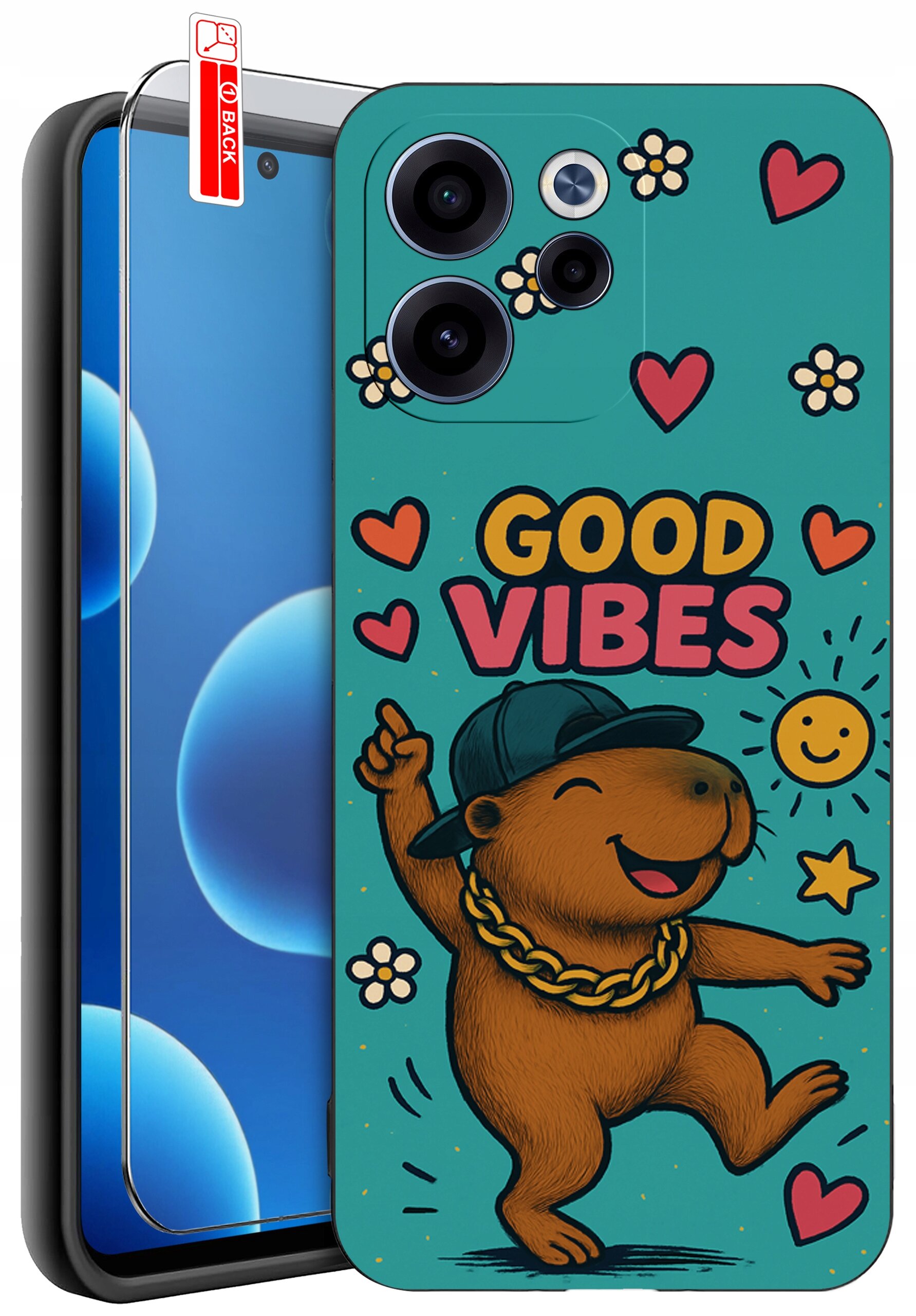 Etui na telefon z kolorowym wzorem przedstawiającym uśmiechnięte zwierzę w czapce, otoczone sercami, kwiatami i napisem \'GOOD VIBES\'. Obok etui znajduje się szkło ochronne z oznaczeniem \'BACK\'.