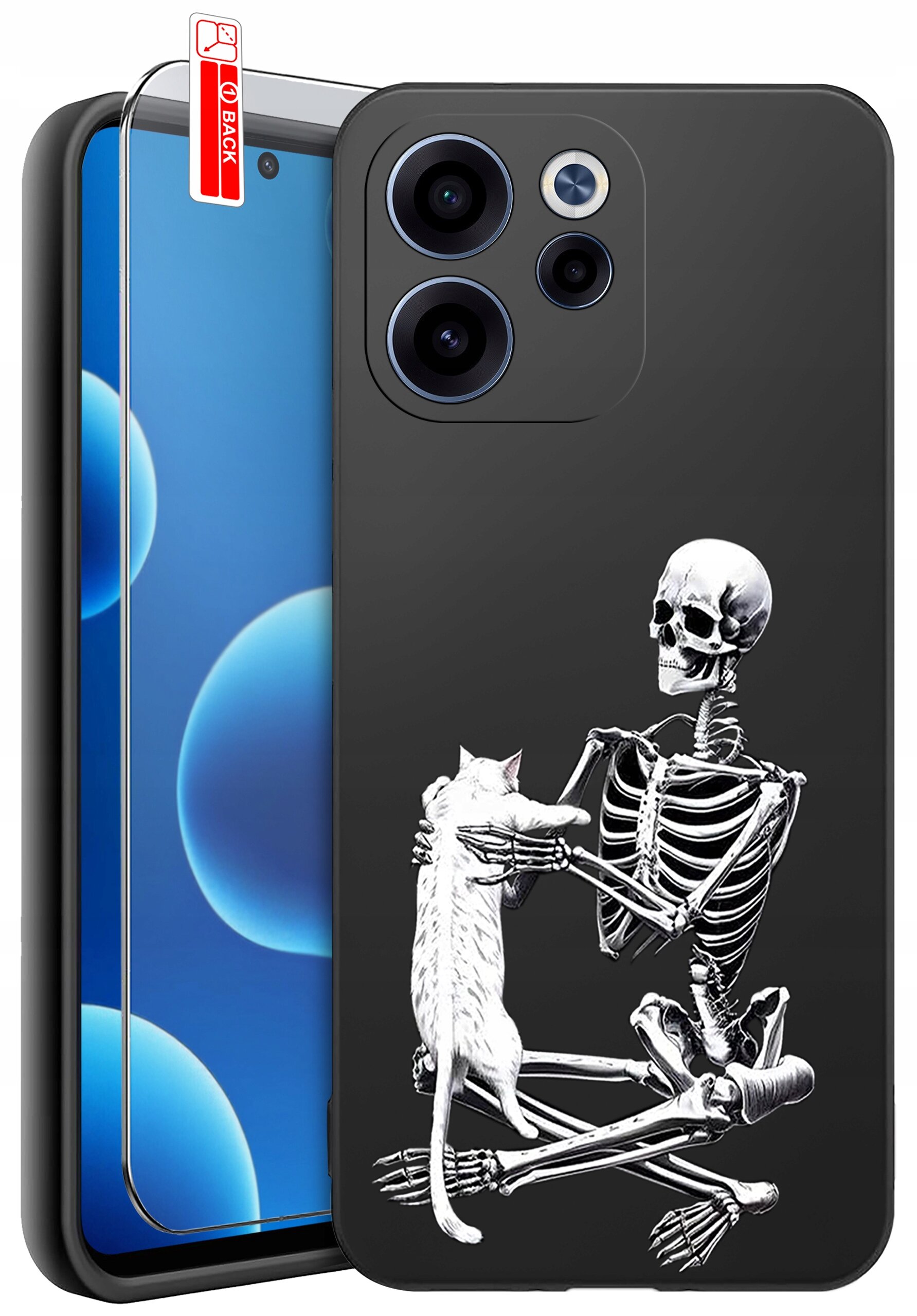 Czarne etui na telefon z nadrukiem szkieletu trzymającego kota. Obok znajduje się szkło ochronne z oznaczeniem \'BACK\'.